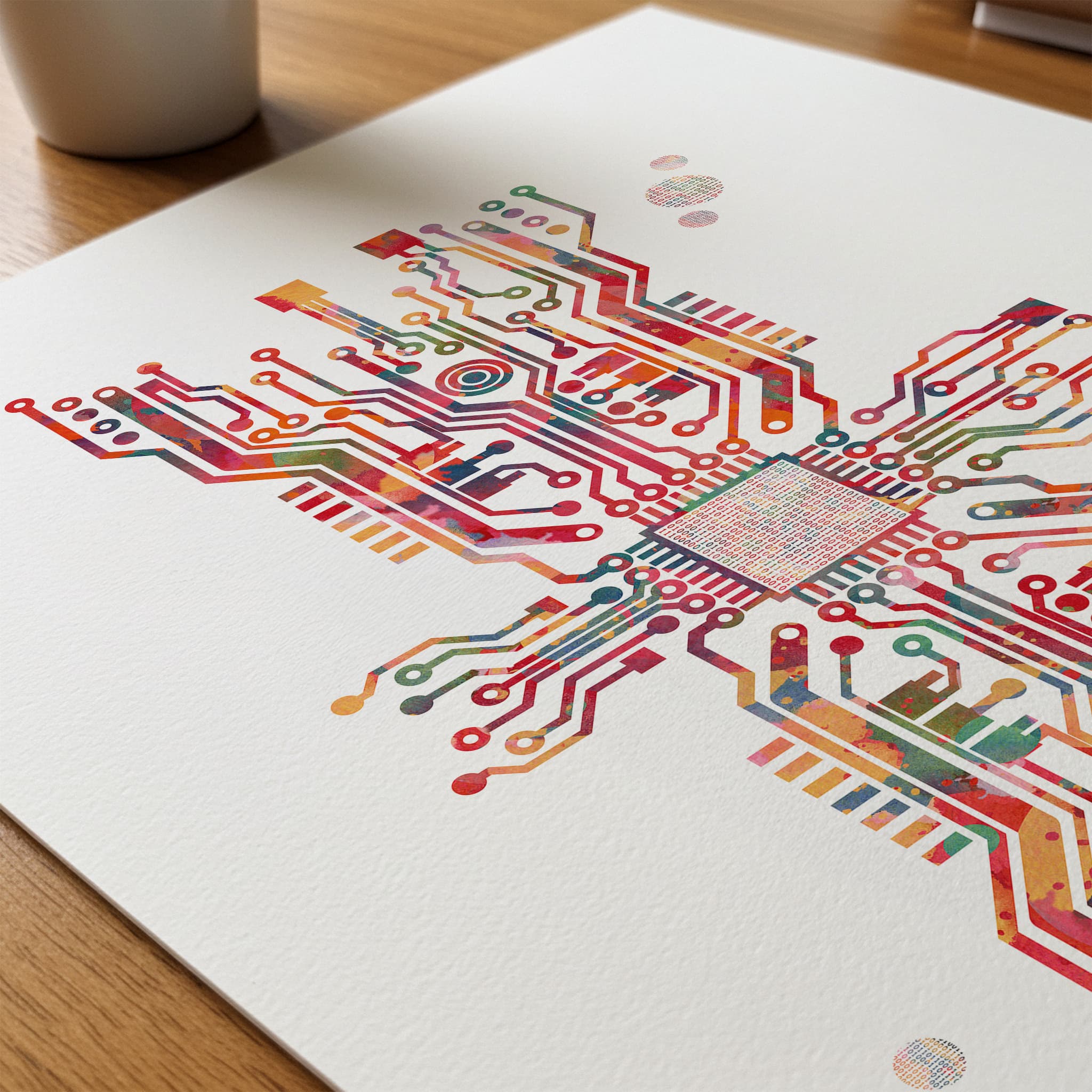 Close-up of motherboard & binary watercolor print showing paper texture and grain