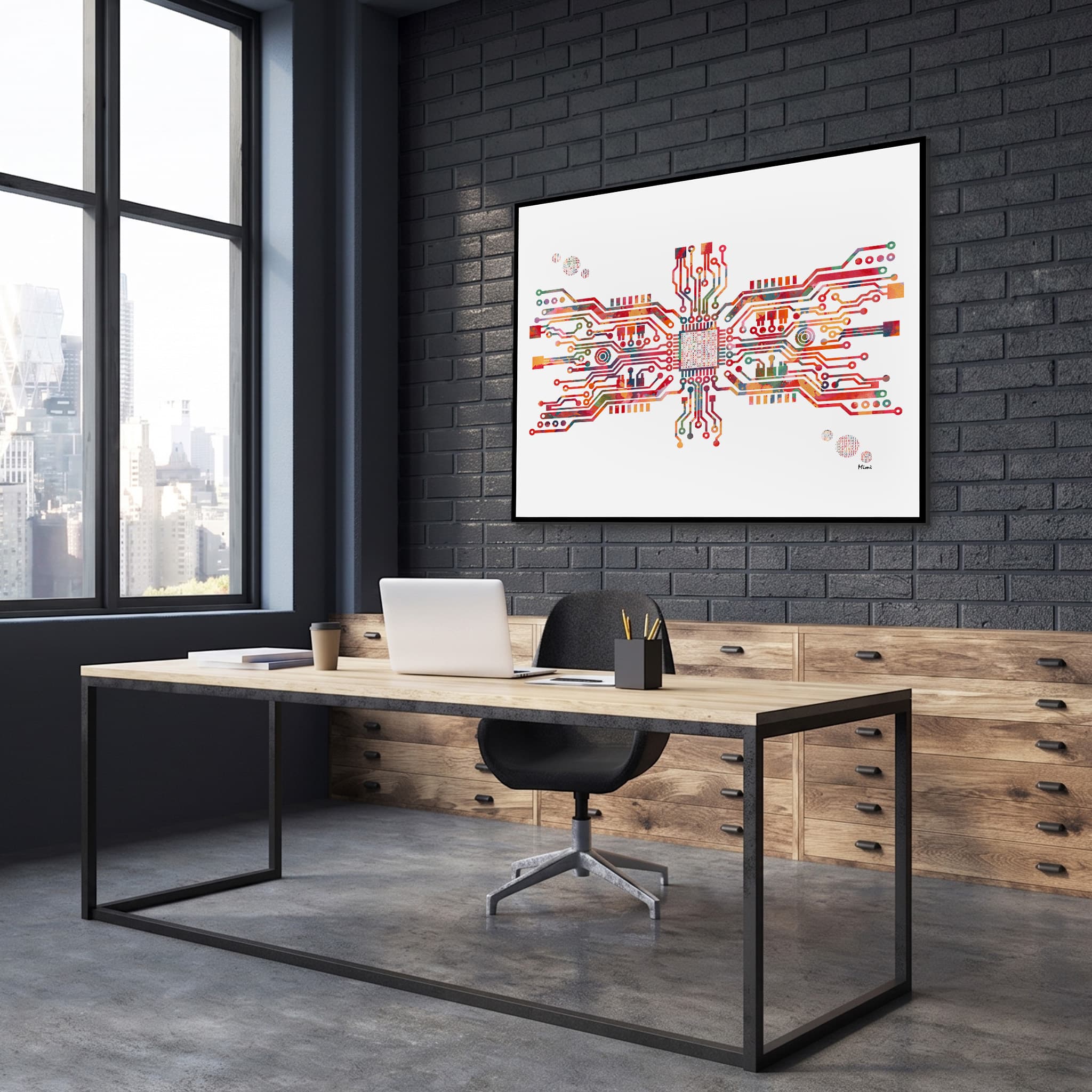 Framed motherboard & binary watercolor print in a technology office
