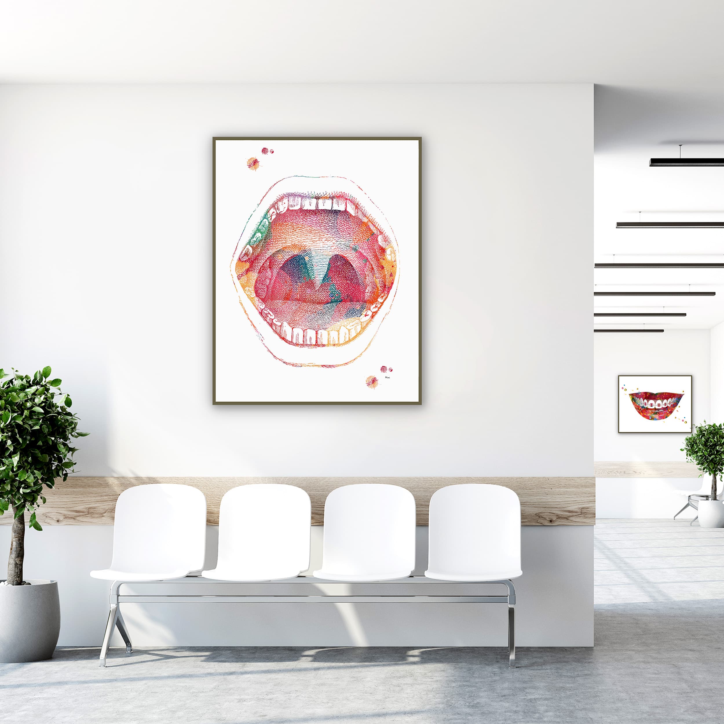 Framed mouth anatomy watercolor print in a clinic waiting room