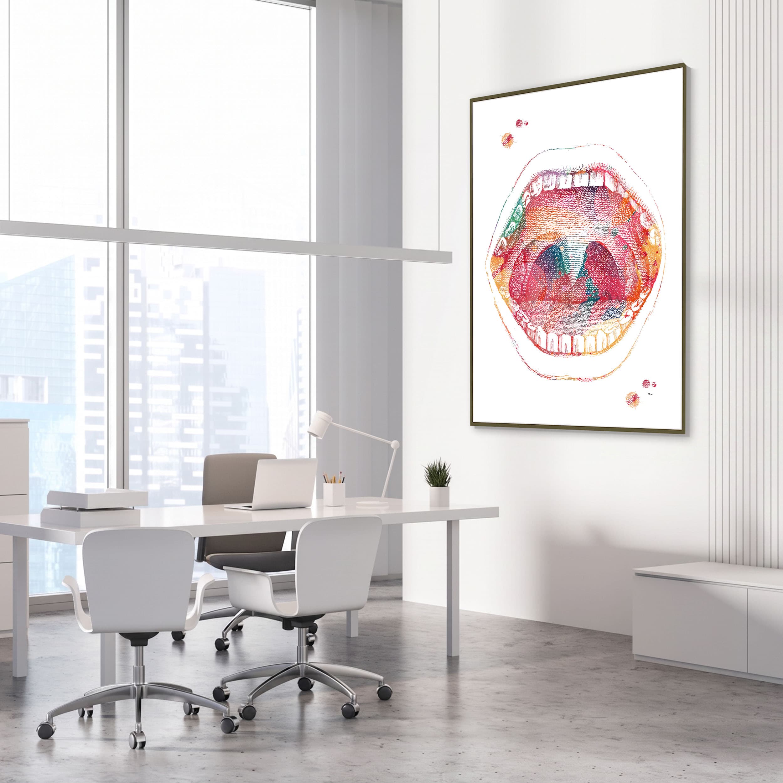 Framed mouth anatomy watercolor print in a medical clinic waiting room