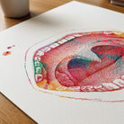 Close-up of mouth anatomy watercolor print showing paper texture and grain