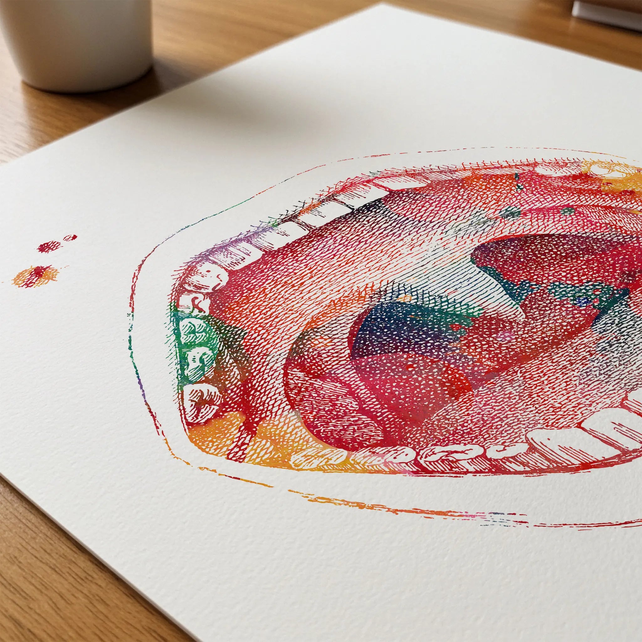 Close-up of mouth anatomy watercolor print showing paper texture and grain