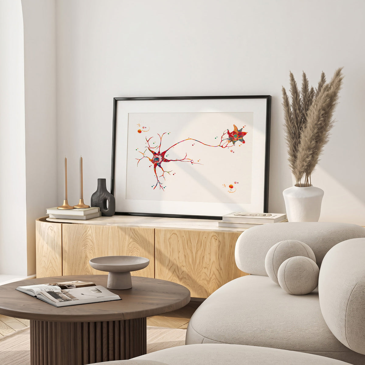 Framed multipolar neuron watercolor print in a warm living room