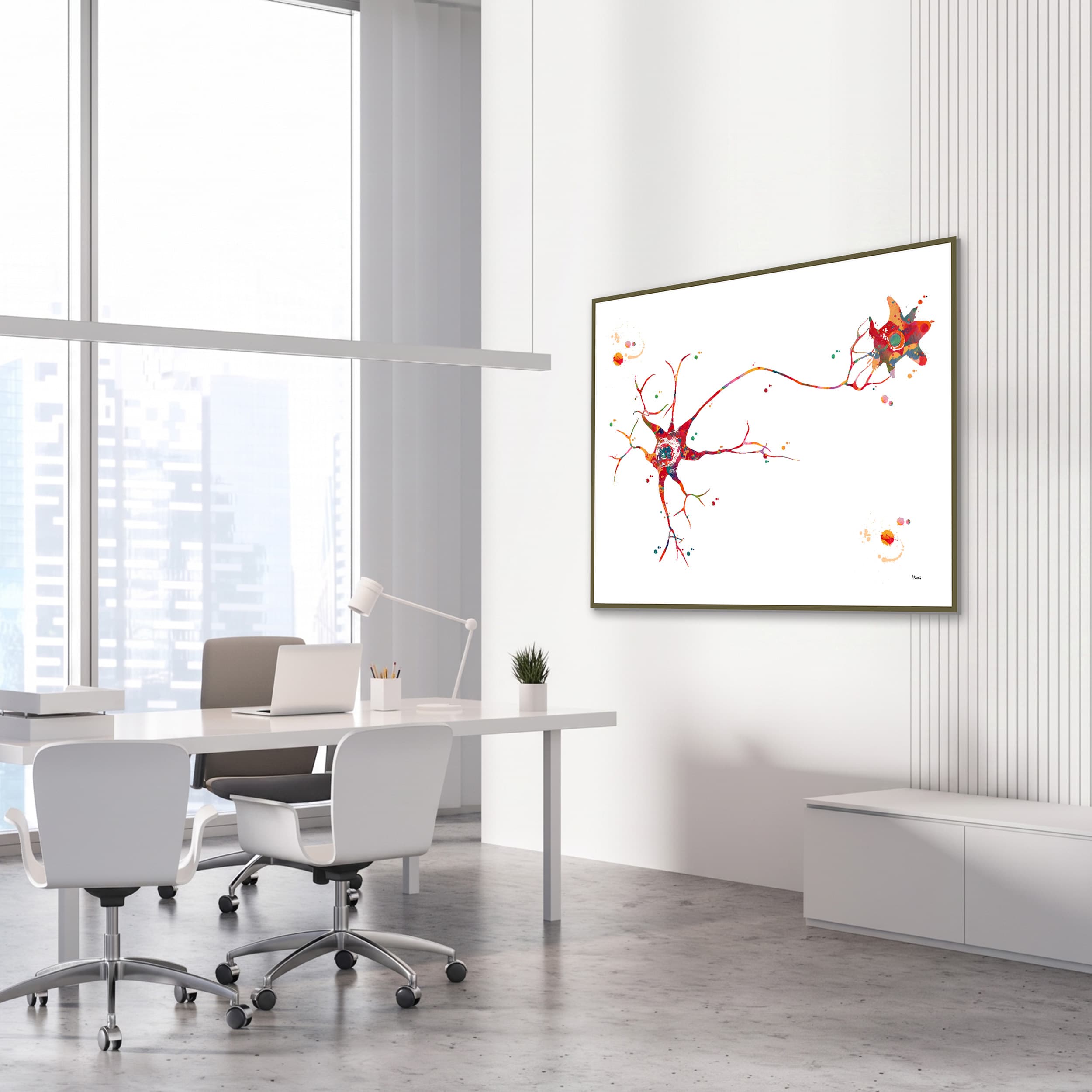 Framed multipolar neuron watercolor print in a neurology clinic