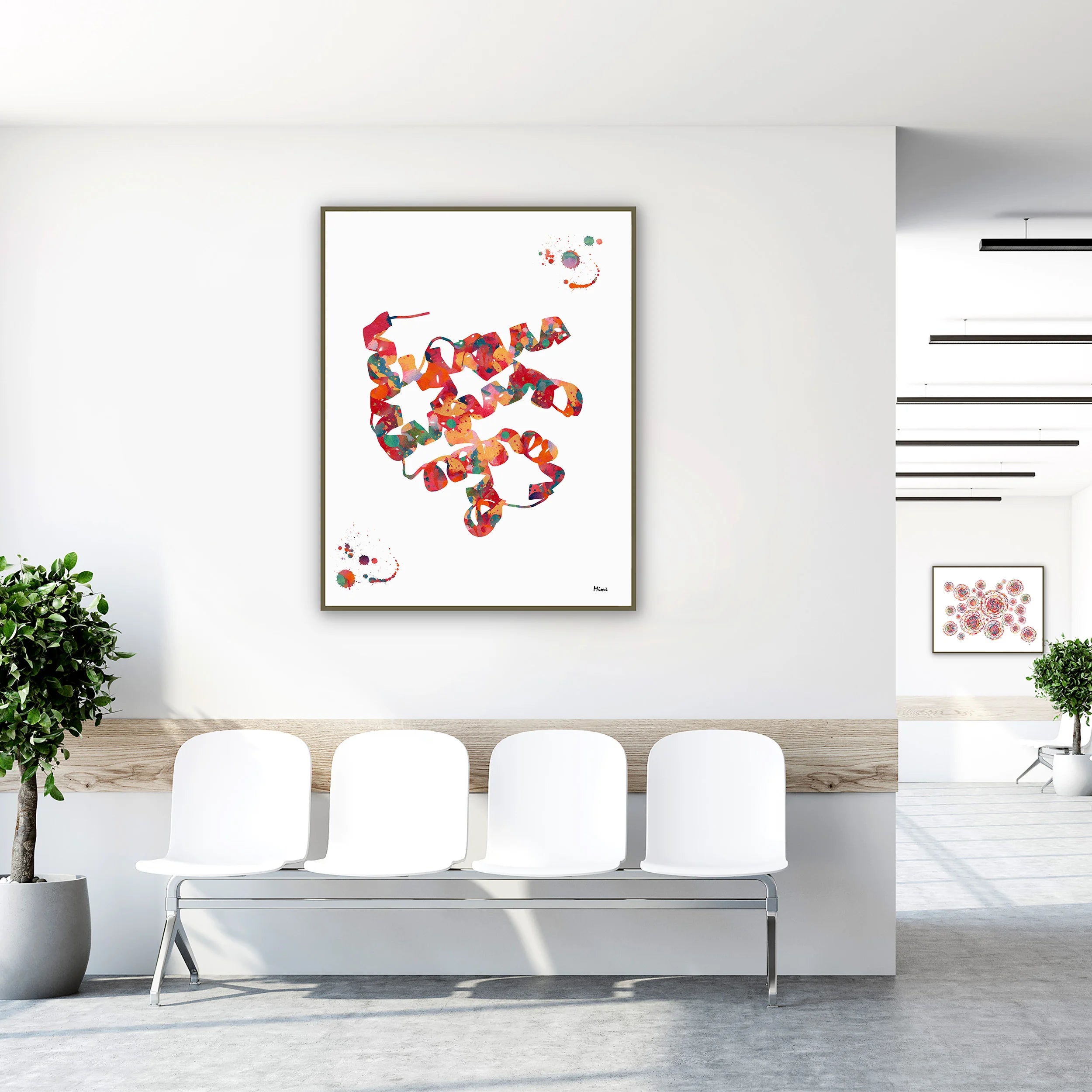 Framed myoglobin protein watercolor print in a clinic waiting room