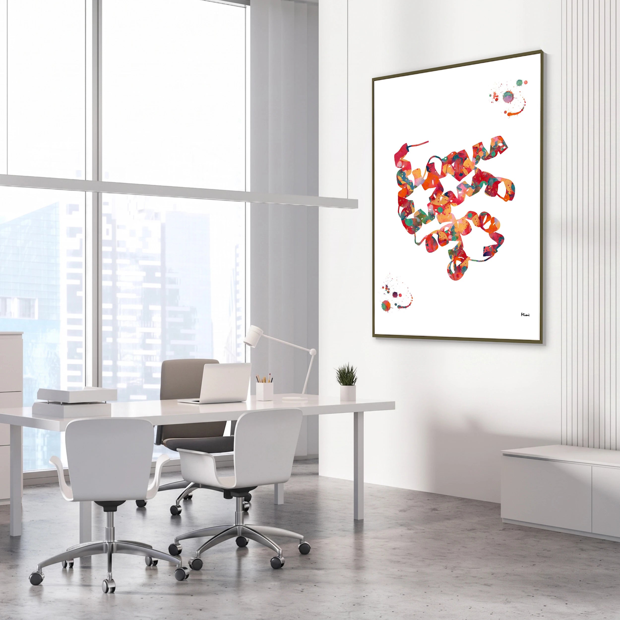Framed myoglobin protein watercolor print in a science laboratory office