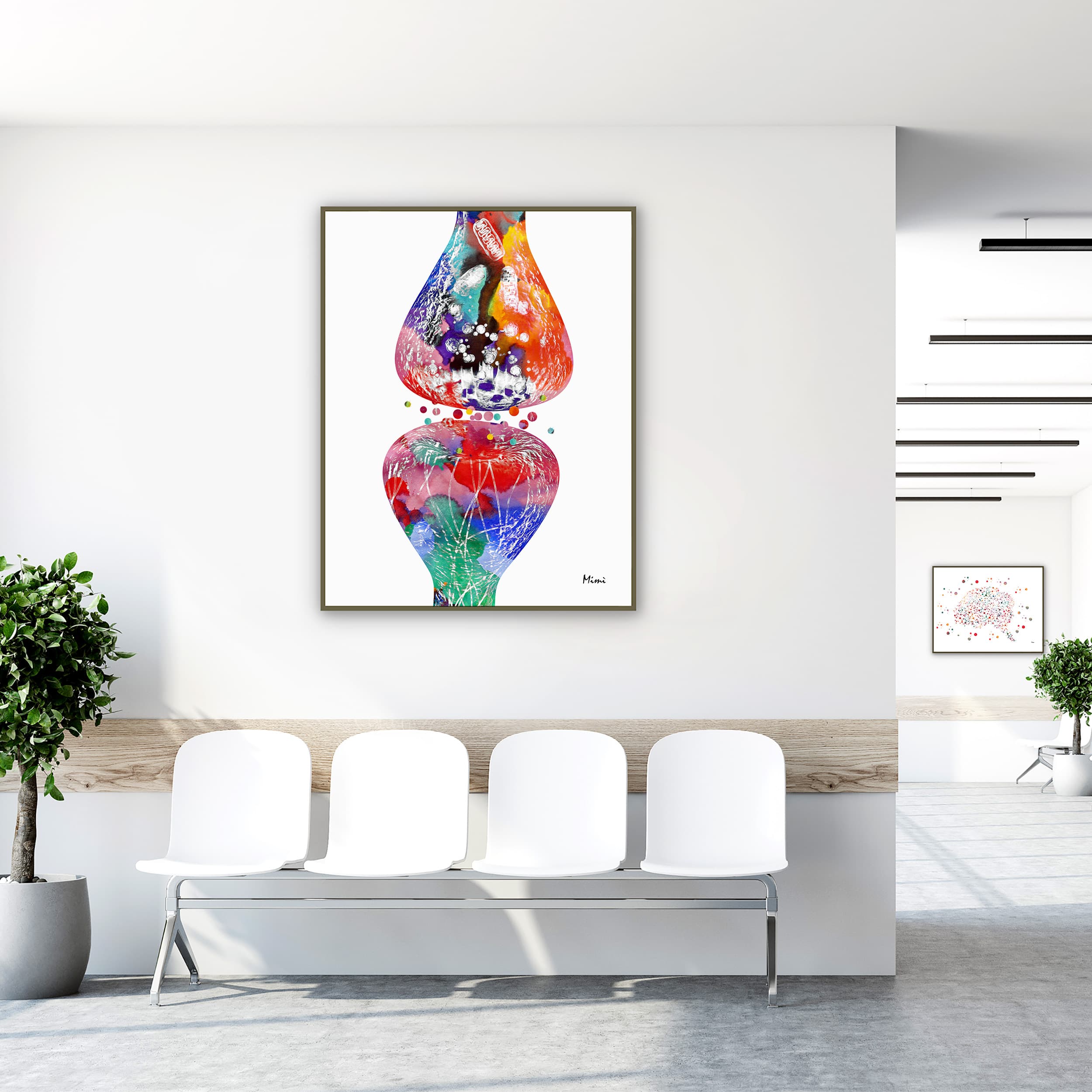 Framed nerve cell synapse & receptors watercolor print in a clinic waiting room