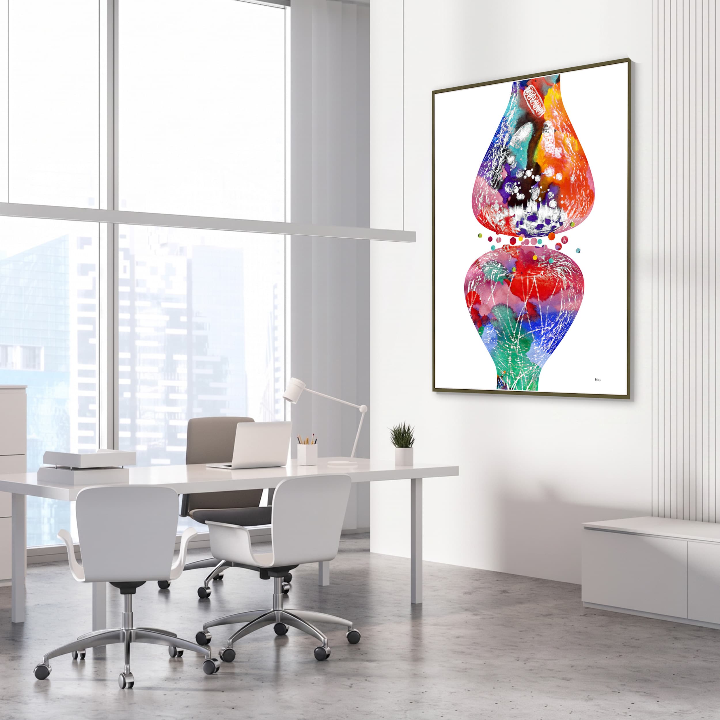 Framed nerve cell synapse & receptors watercolor print in a neurology clinic