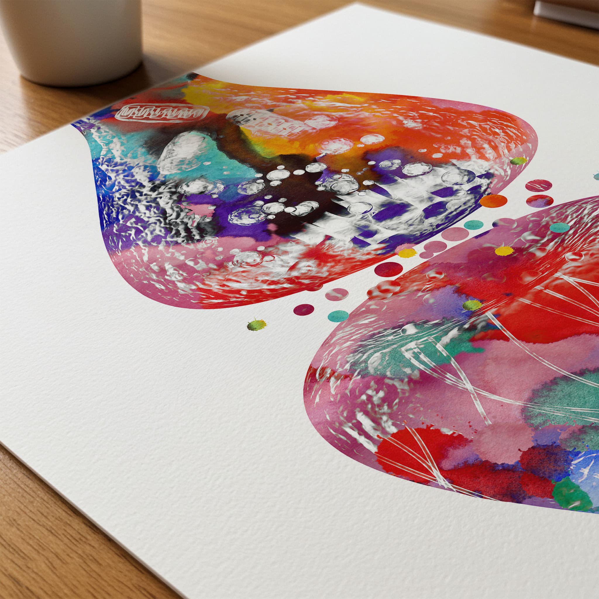 Close-up of nerve cell synapse & receptors watercolor print showing paper texture and grain
