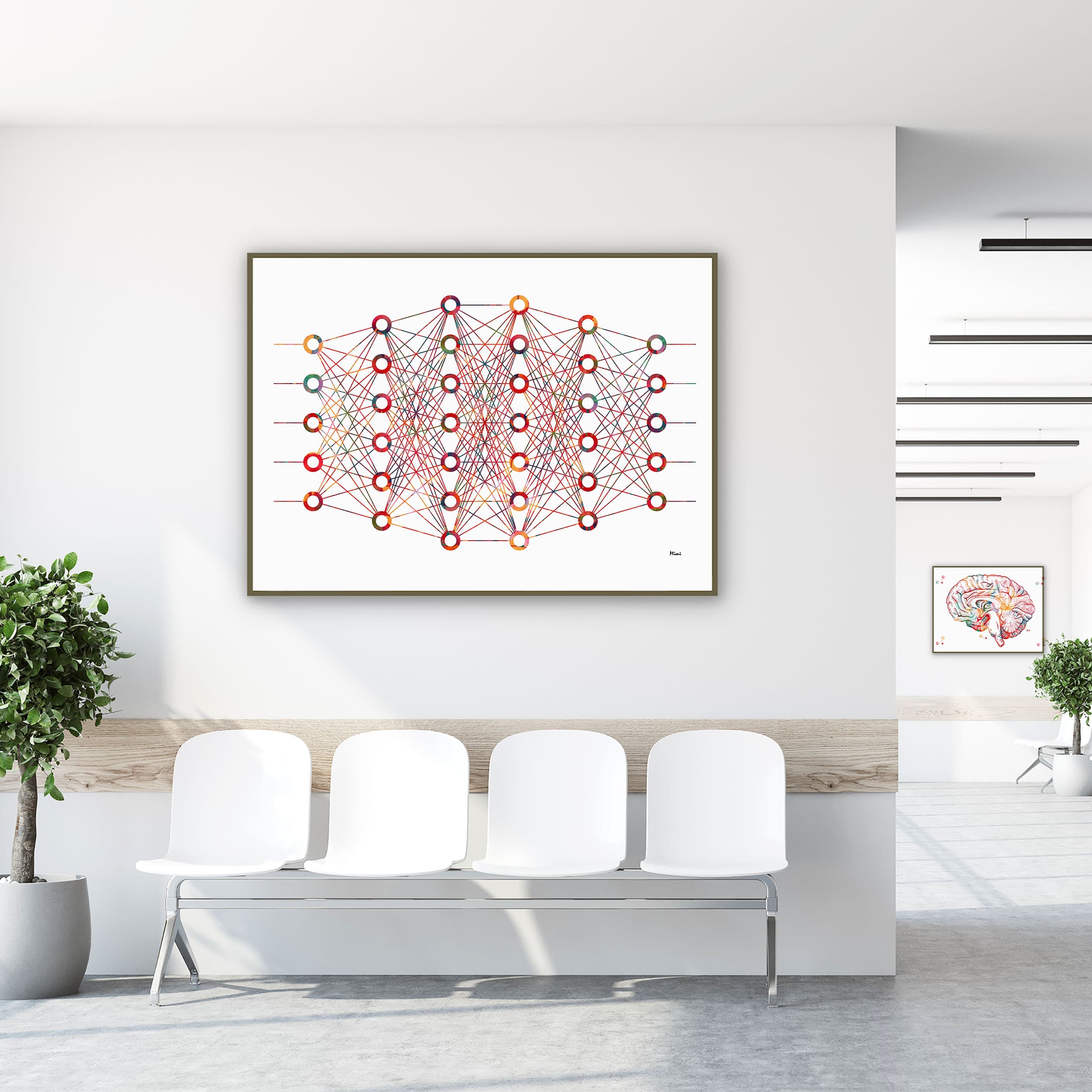 Framed neural network (ann) watercolor print in a clinic waiting room