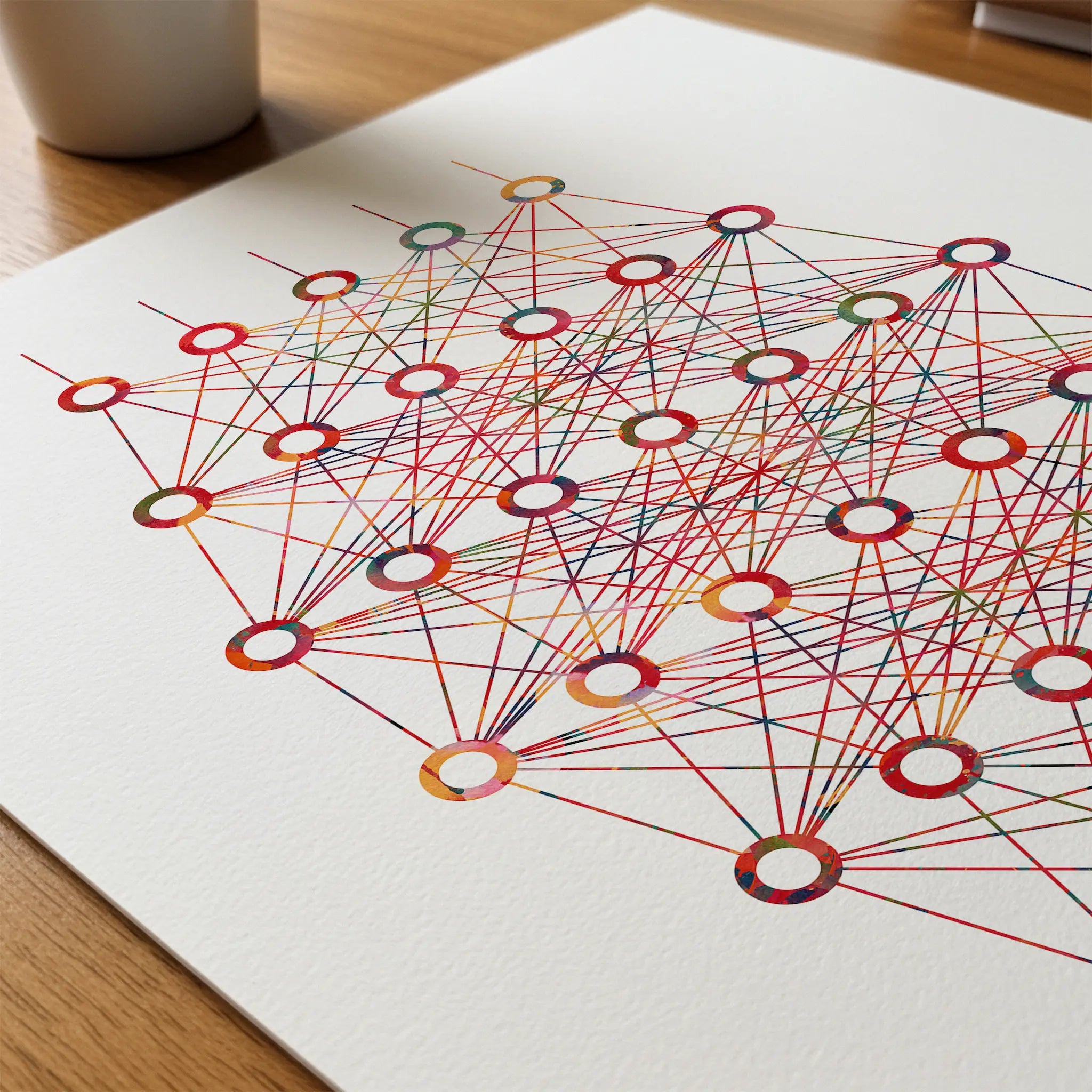 Close-up of neural network (ann) watercolor print showing paper texture and grain