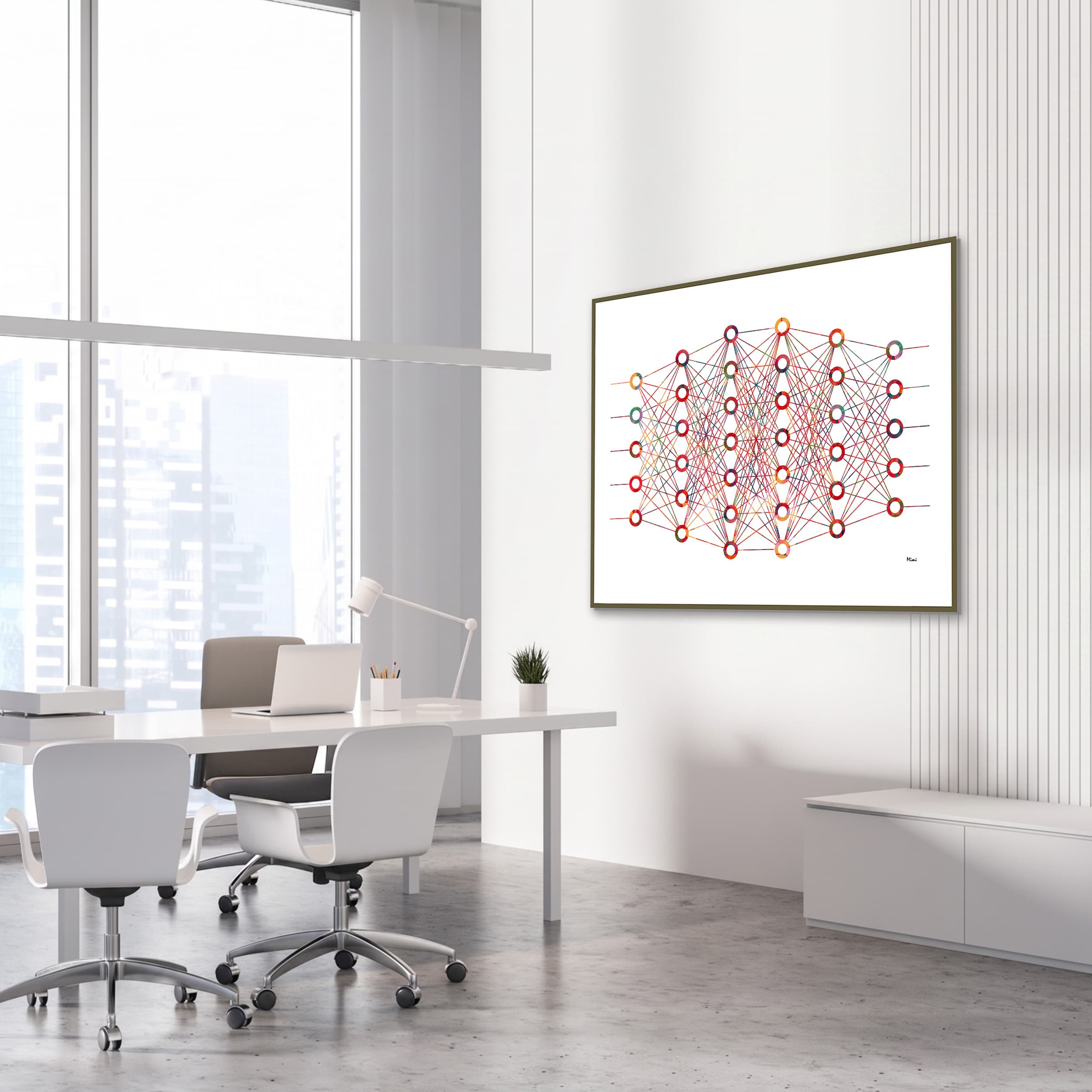 Framed neural network (ann) watercolor print in a technology office