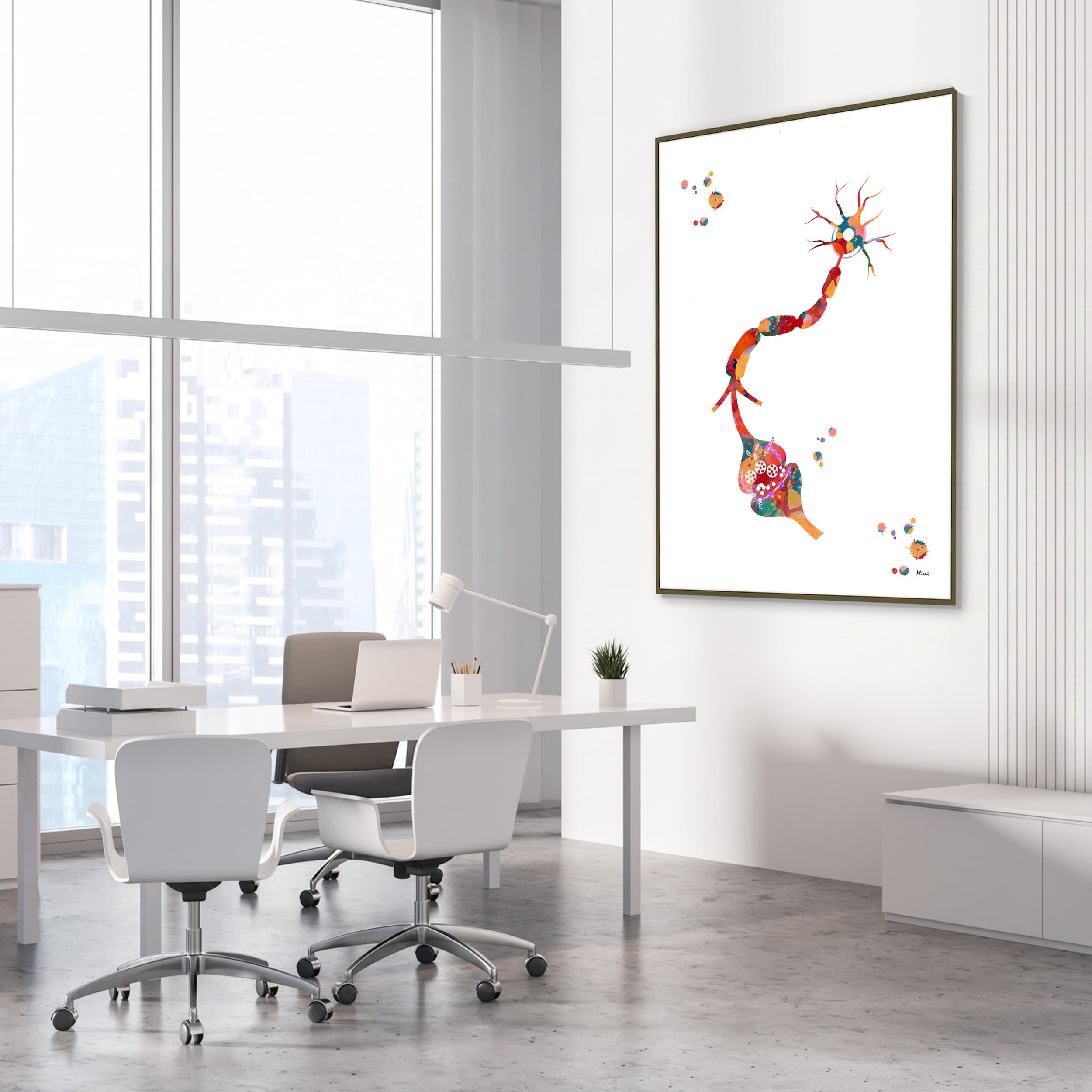 Framed neuron & receptor anatomy watercolor print in a neurology clinic