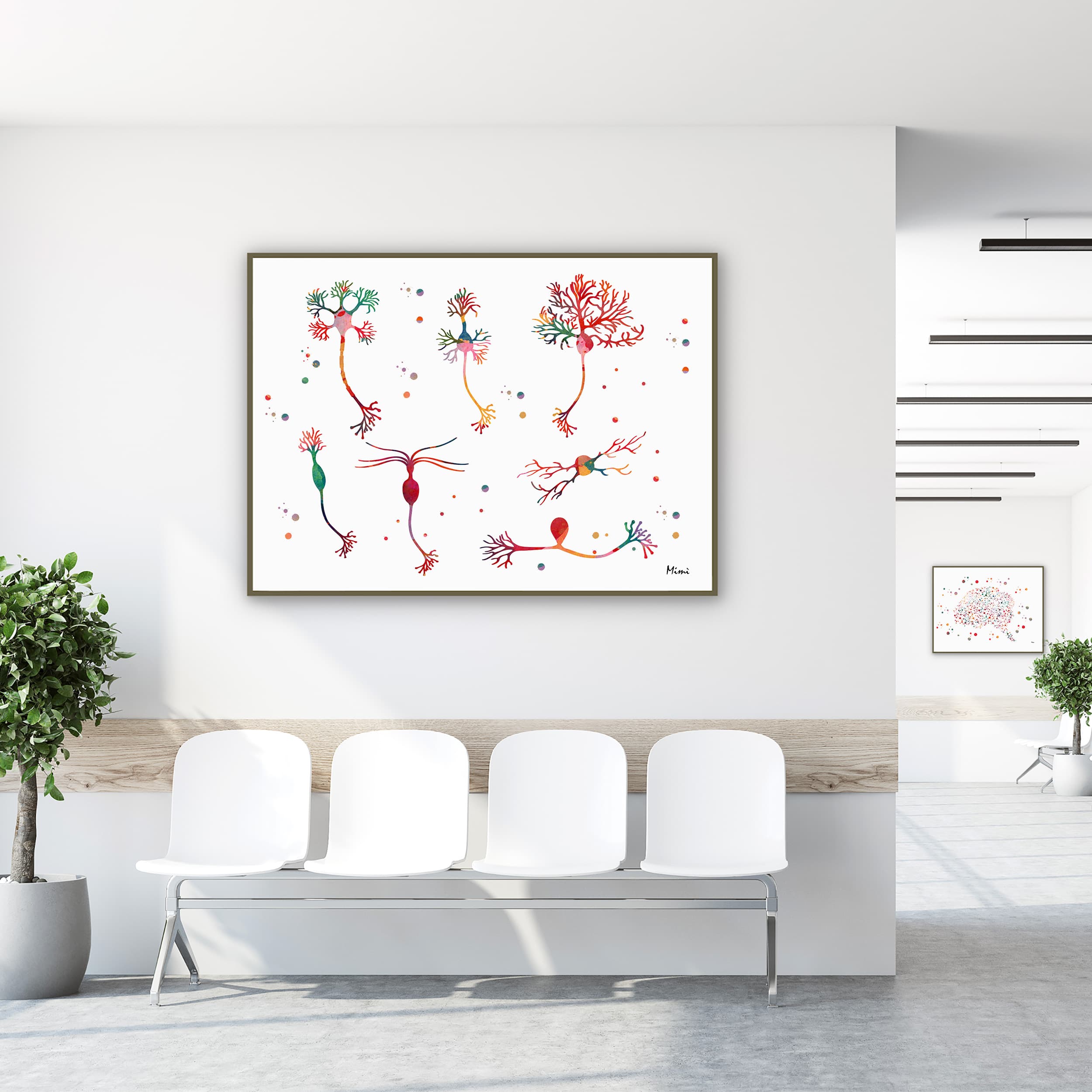 Framed neuron cell types watercolor print in a clinic waiting room