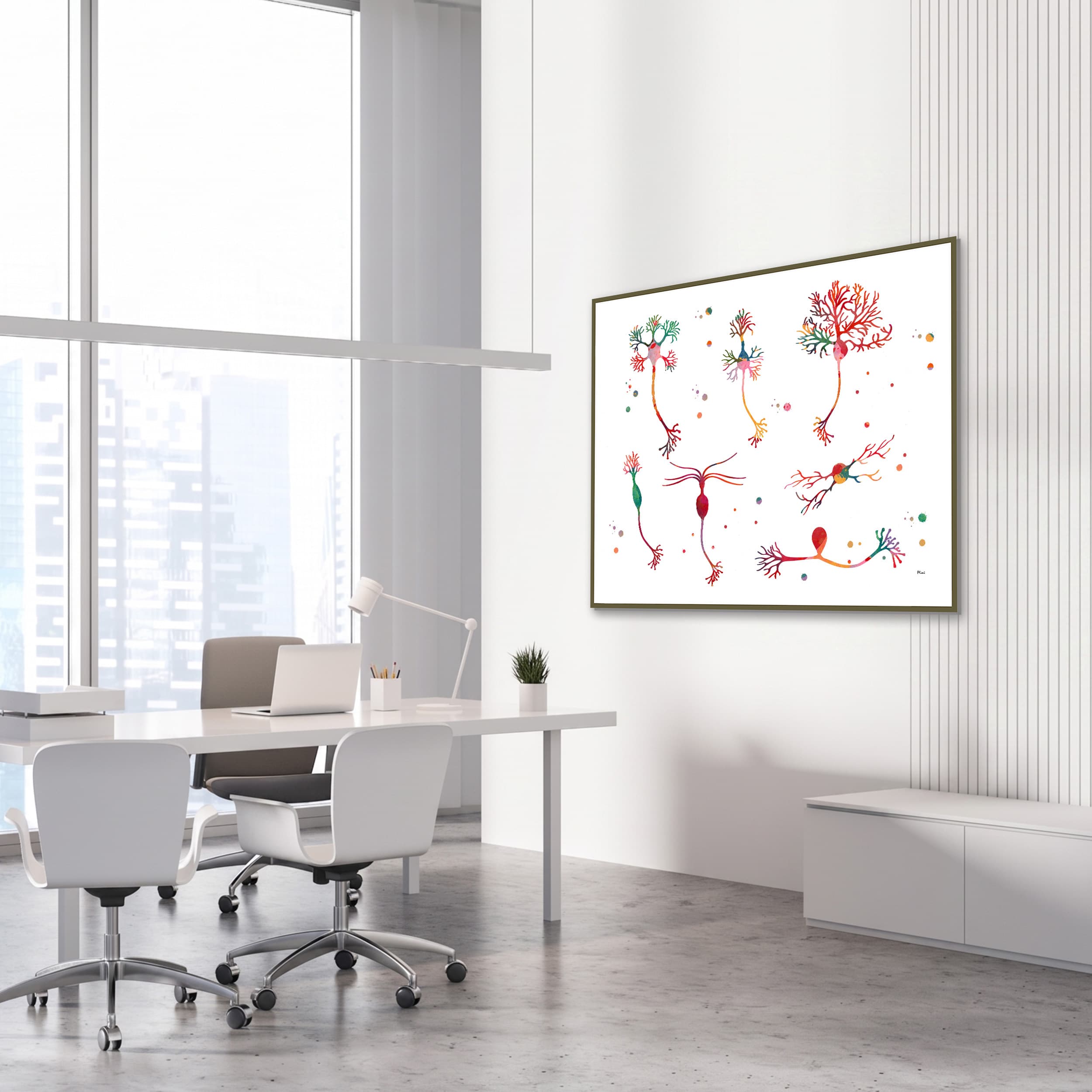 Framed neuron cell types watercolor print in a neurology clinic