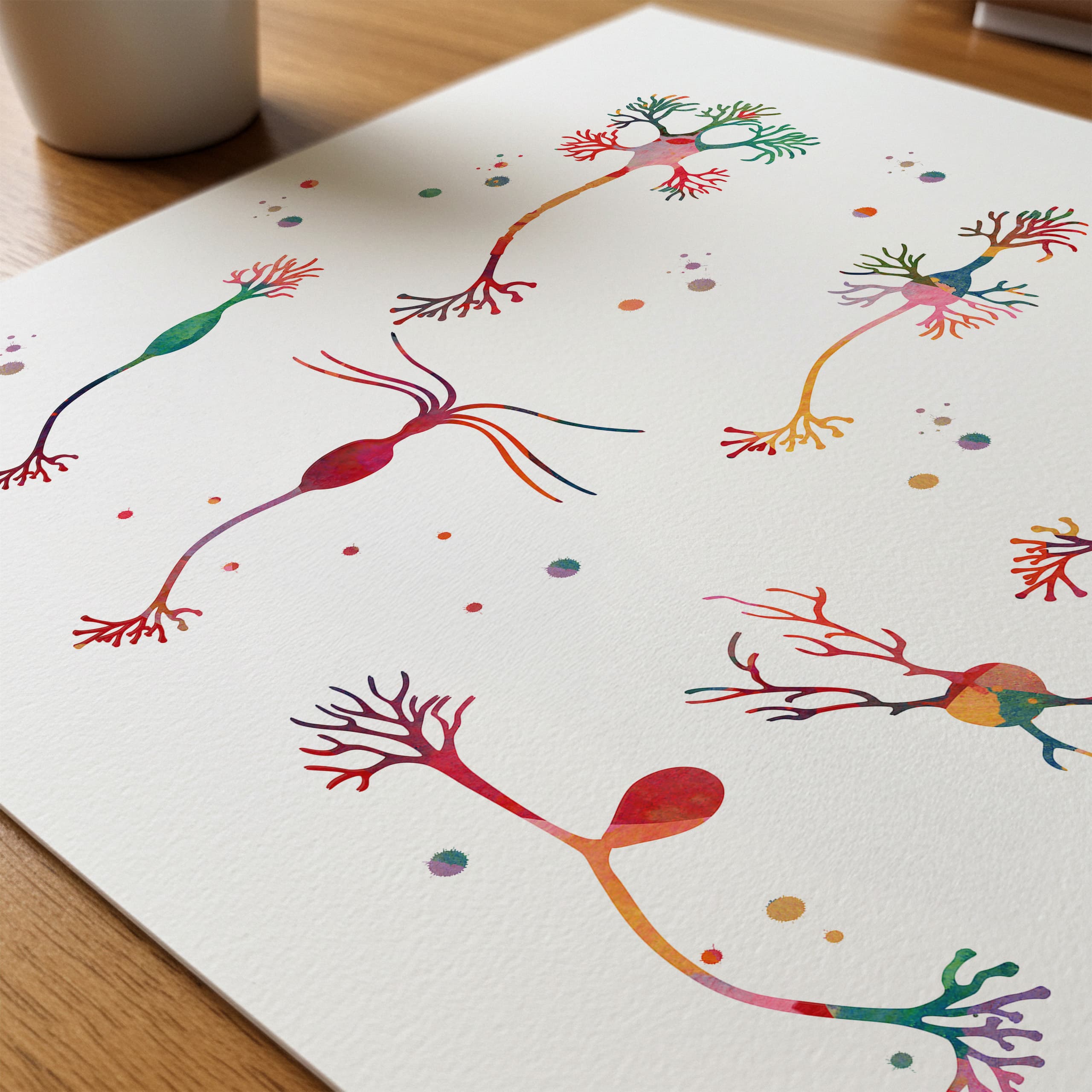Close-up of neuron cell types watercolor print showing paper texture and grain