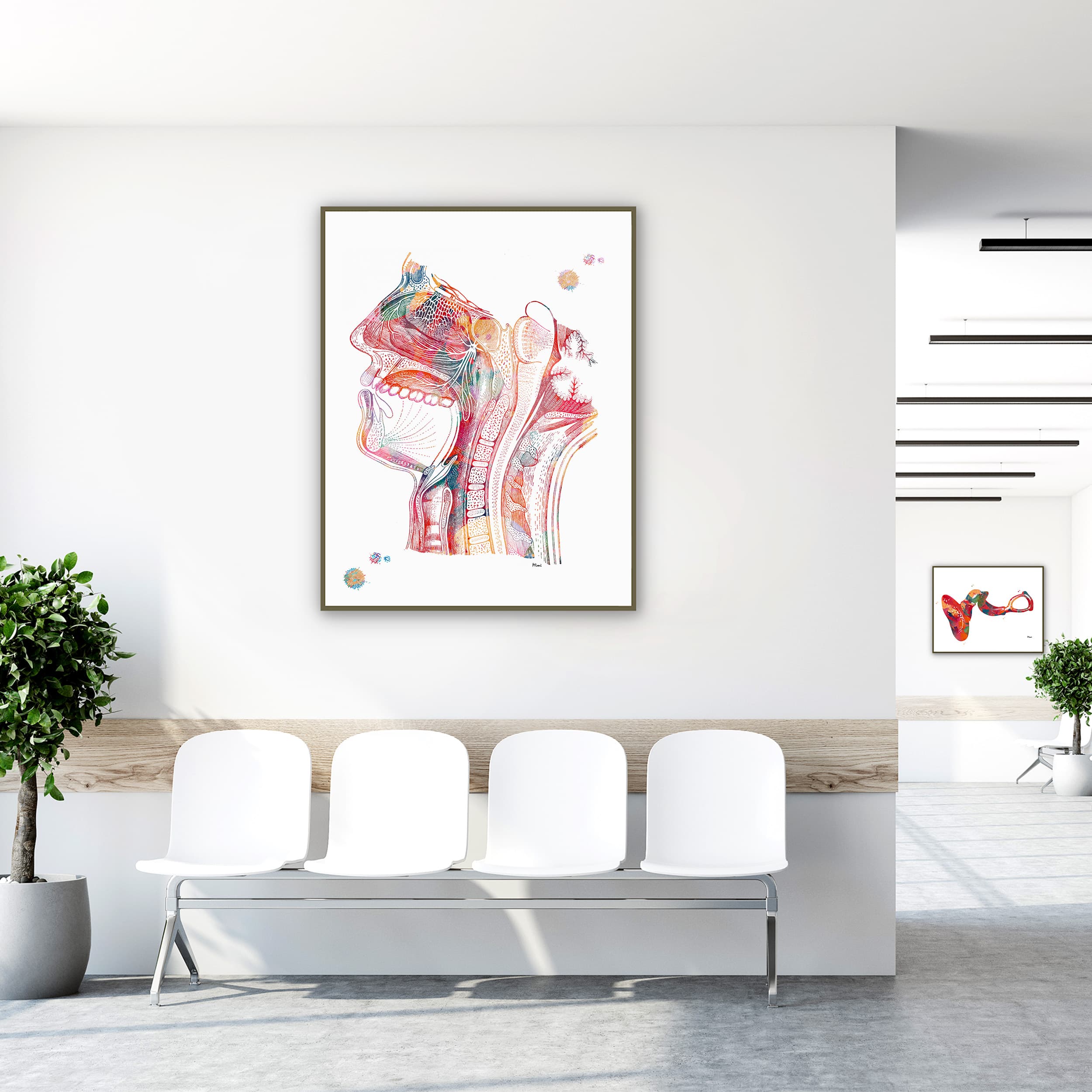 Framed nose mouth throat watercolor print in a clinic waiting room