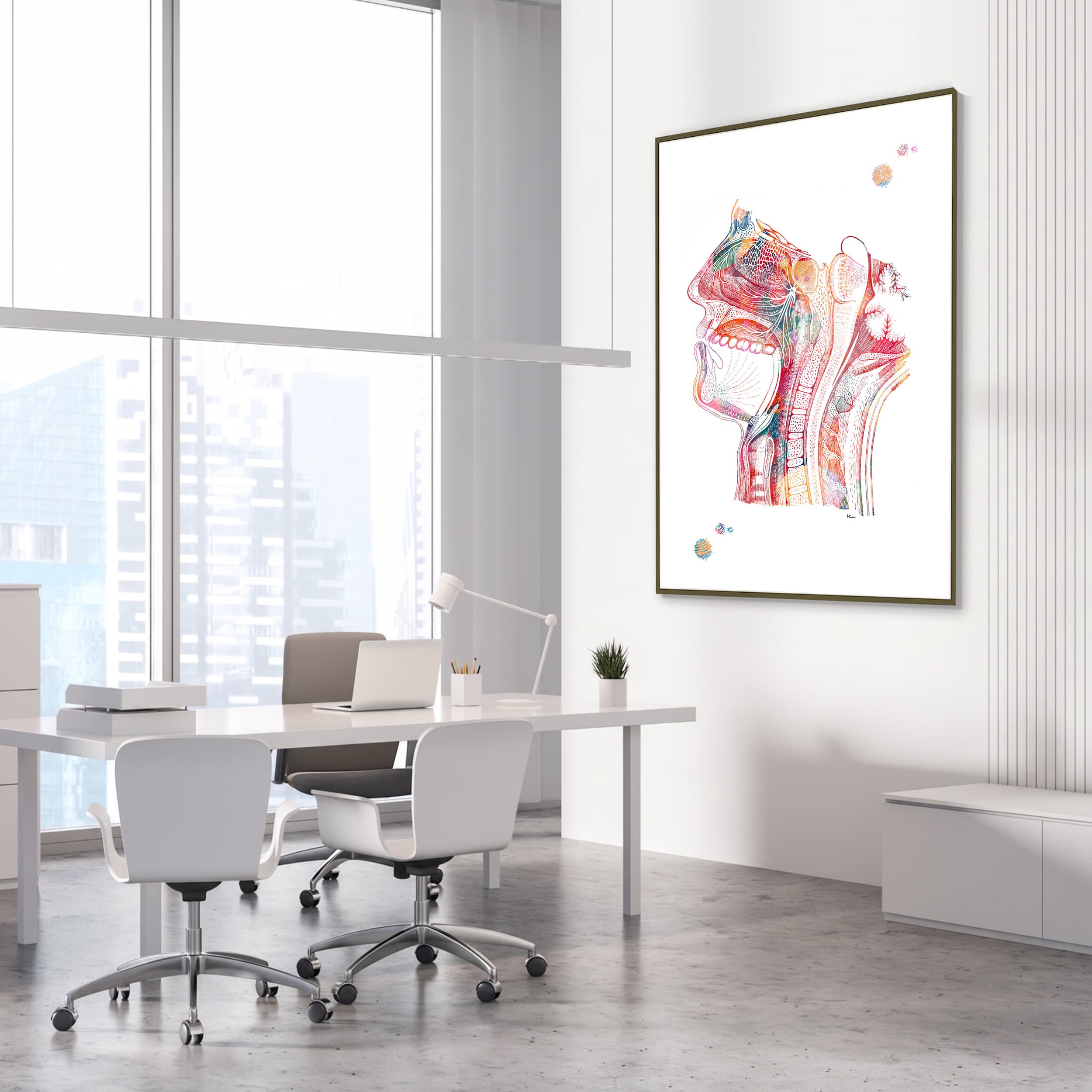 Framed nose mouth throat watercolor print in an ENT clinic