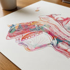 Close-up of nose mouth throat watercolor print showing paper texture and grain