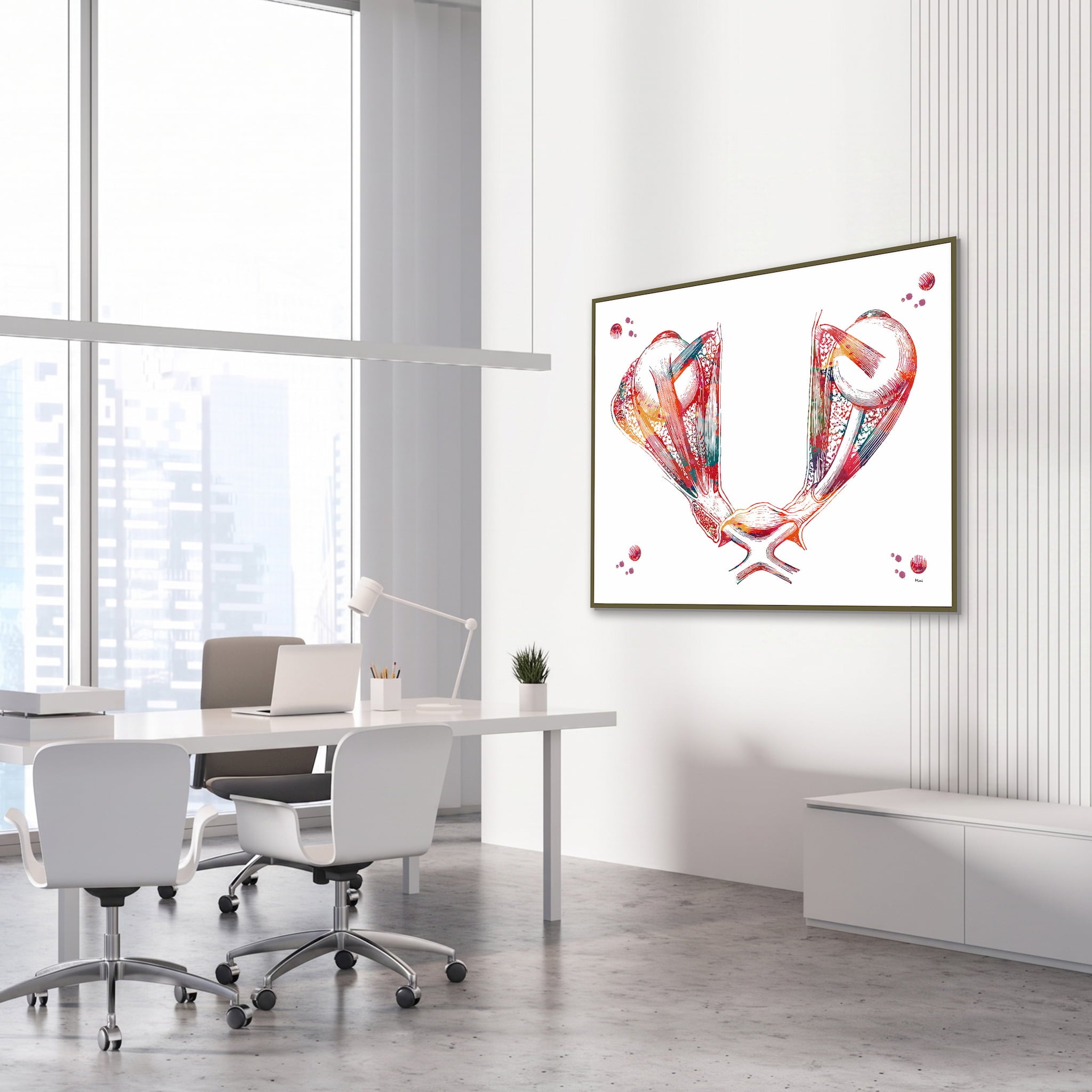 Framed optic chiasm eye & brain anatomy watercolor print in a medical clinic