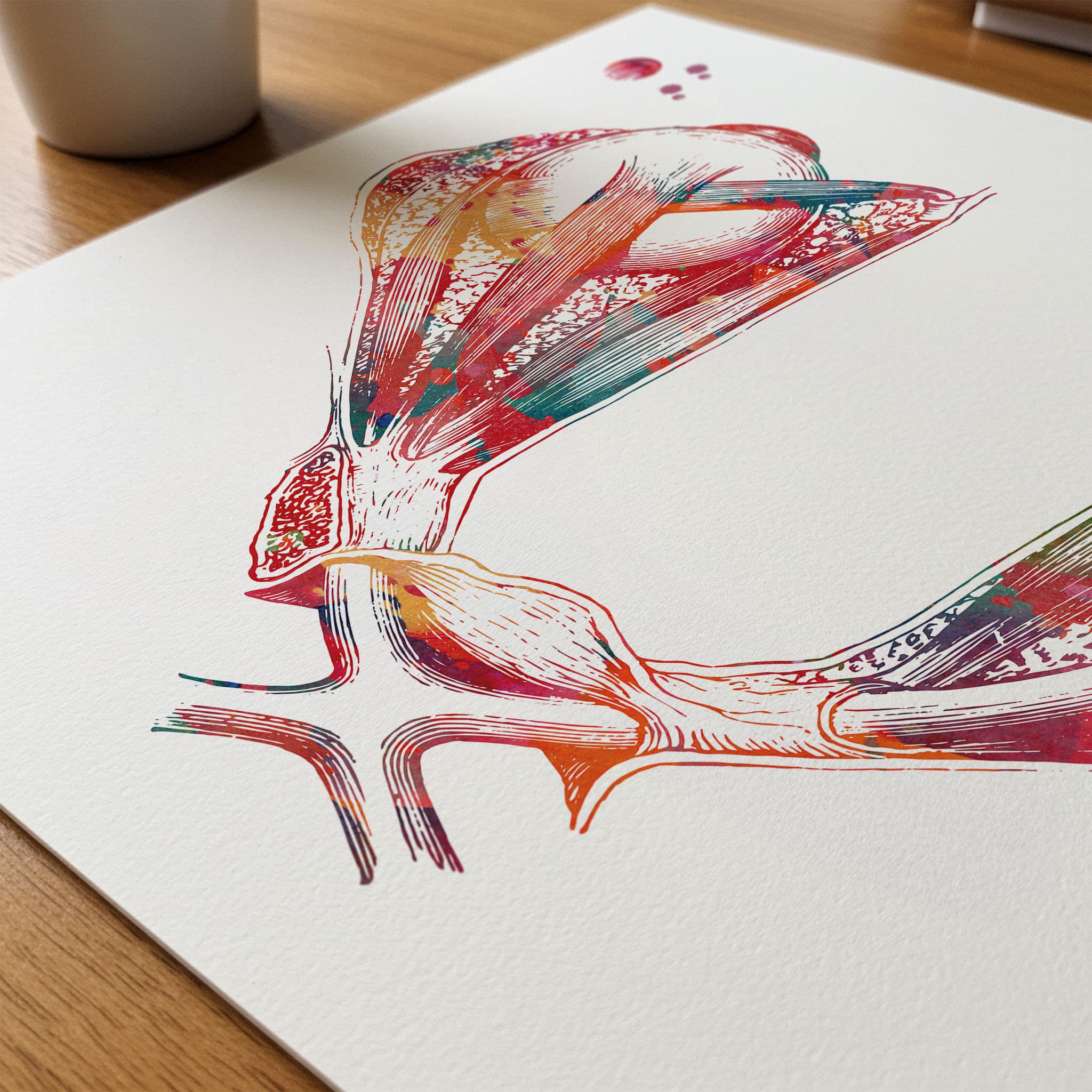 Close-up of optic chiasm eye & brain anatomy watercolor print showing paper texture and grain