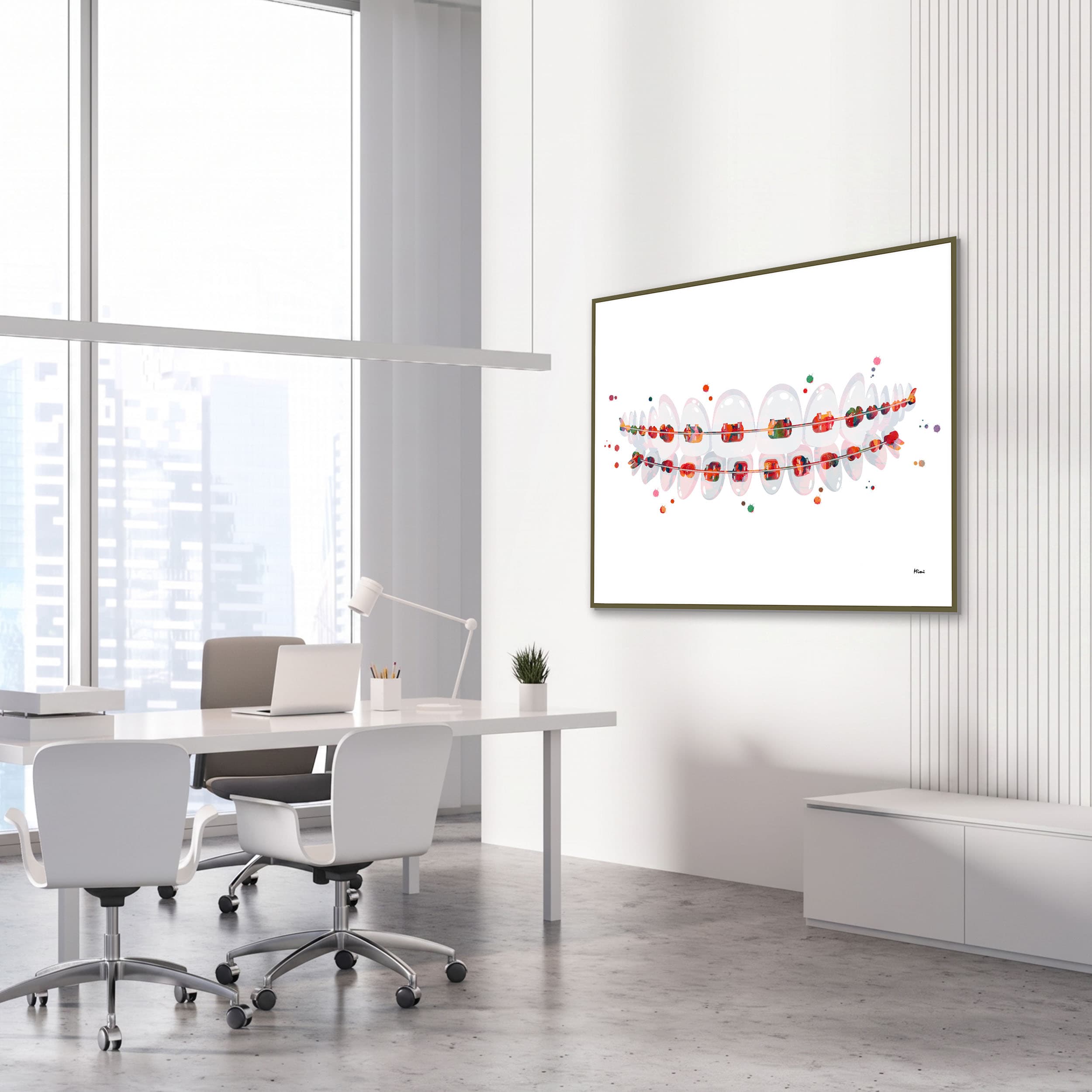 Framed orthodontic braces watercolor print in a dental clinic