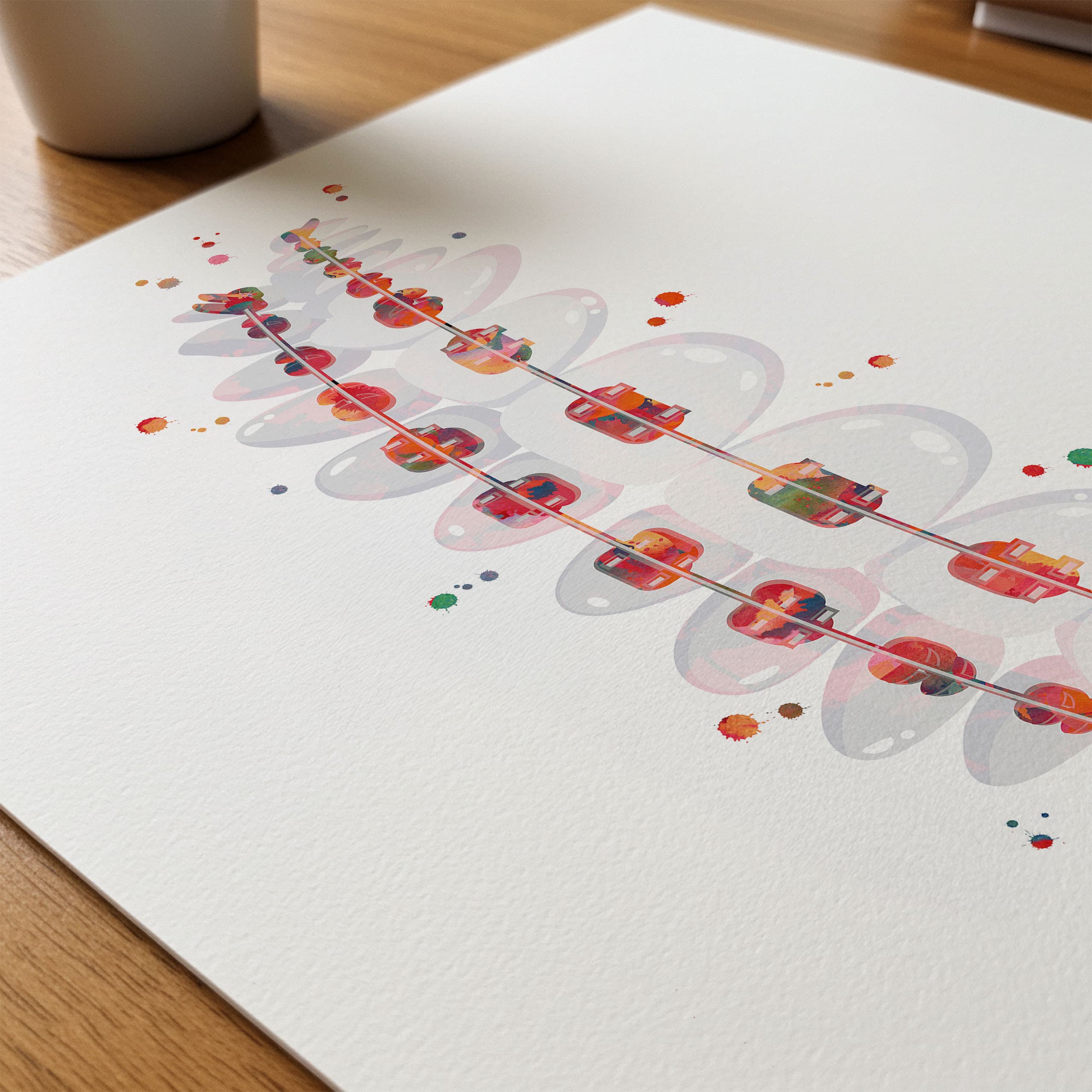 Close-up of orthodontic braces watercolor print showing paper texture and grain