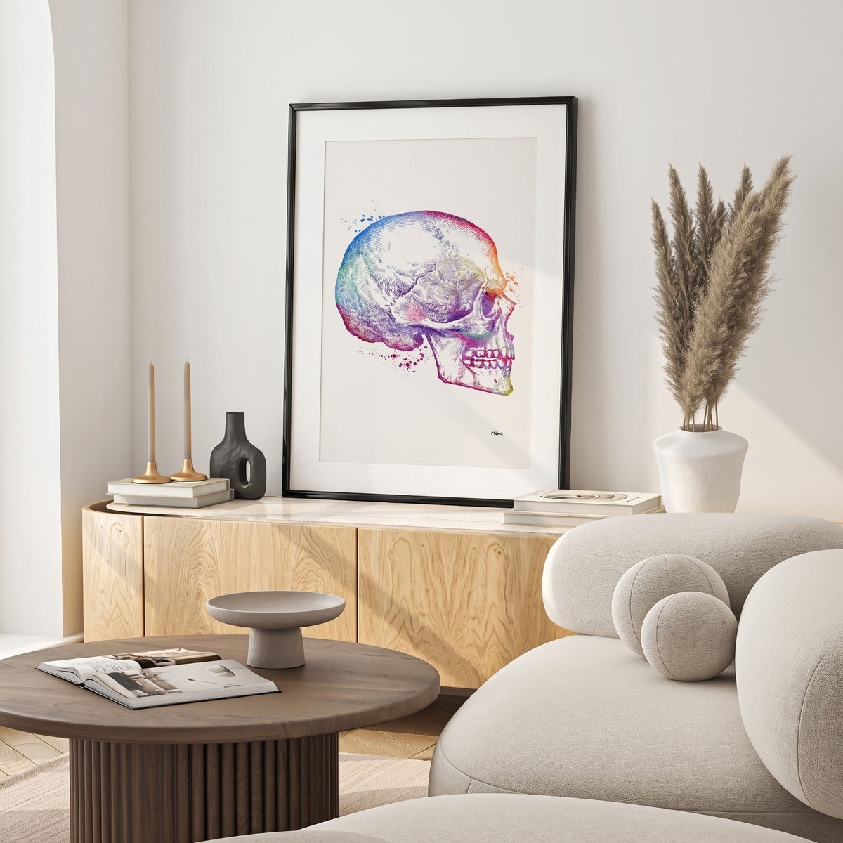 orthognathic surgery watercolor print hanging in a warm living room