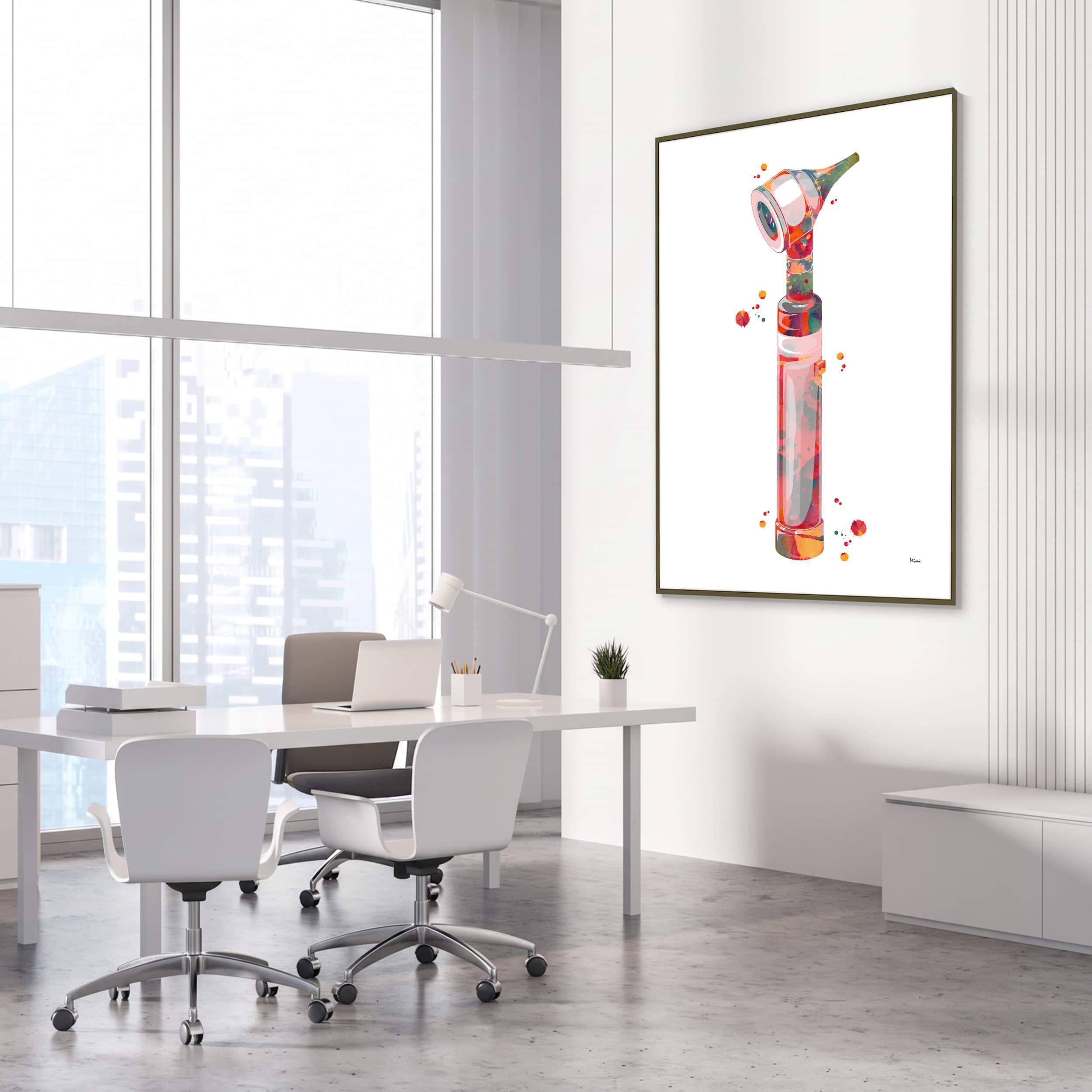 Framed otoscope watercolor print in an ENT clinic