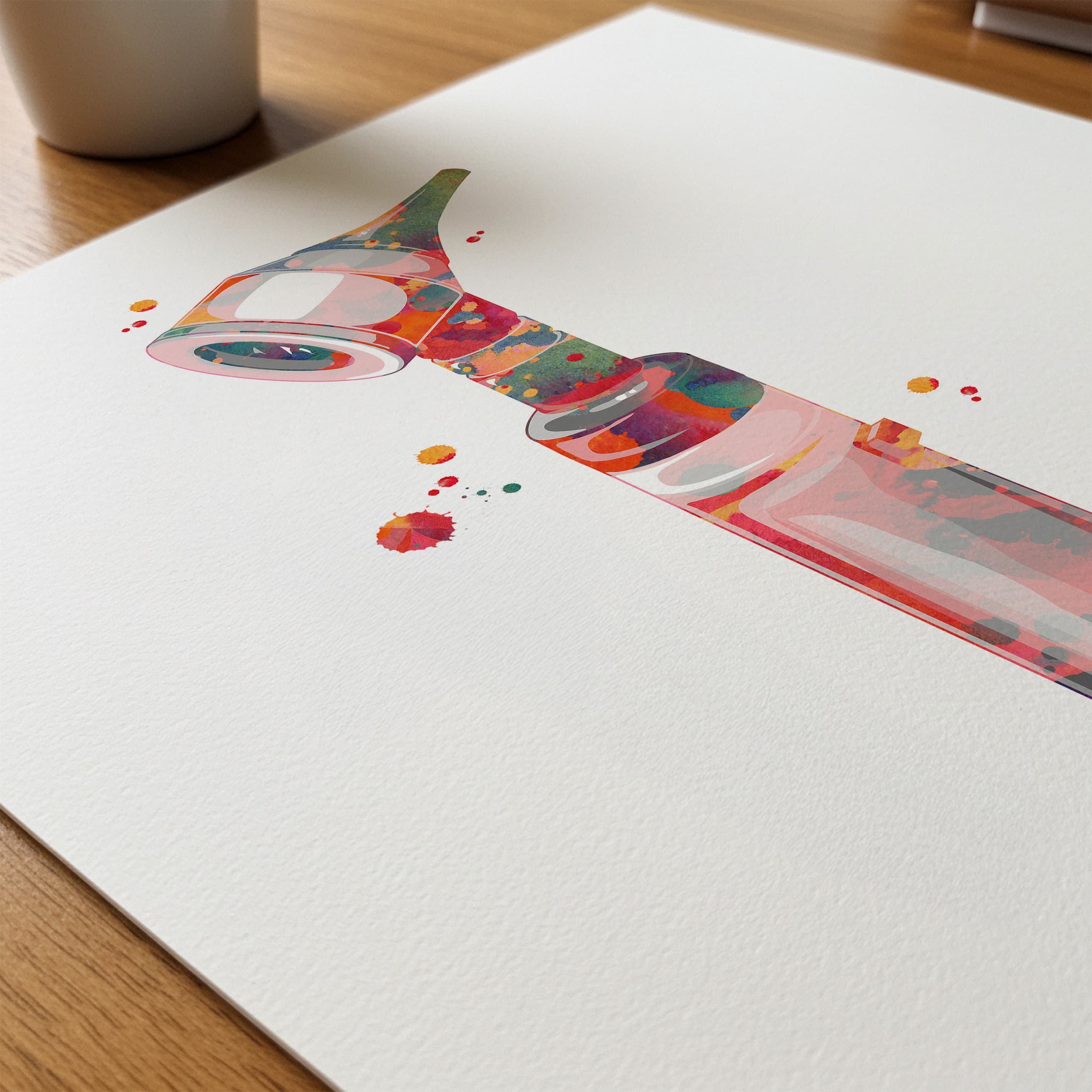 Close-up of otoscope watercolor print showing paper texture and grain