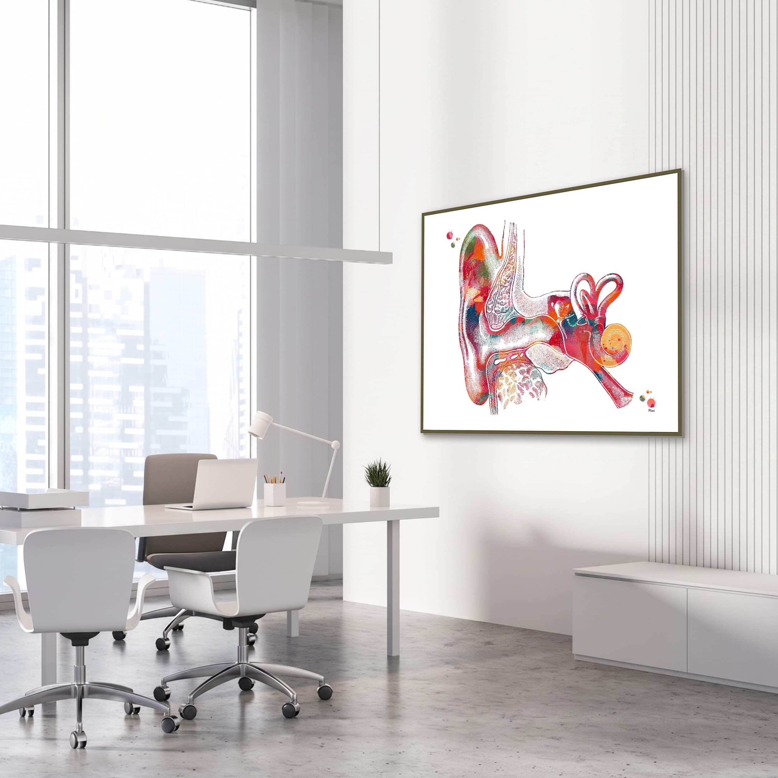 Framed outer ear anatomy watercolor print in an ENT clinic