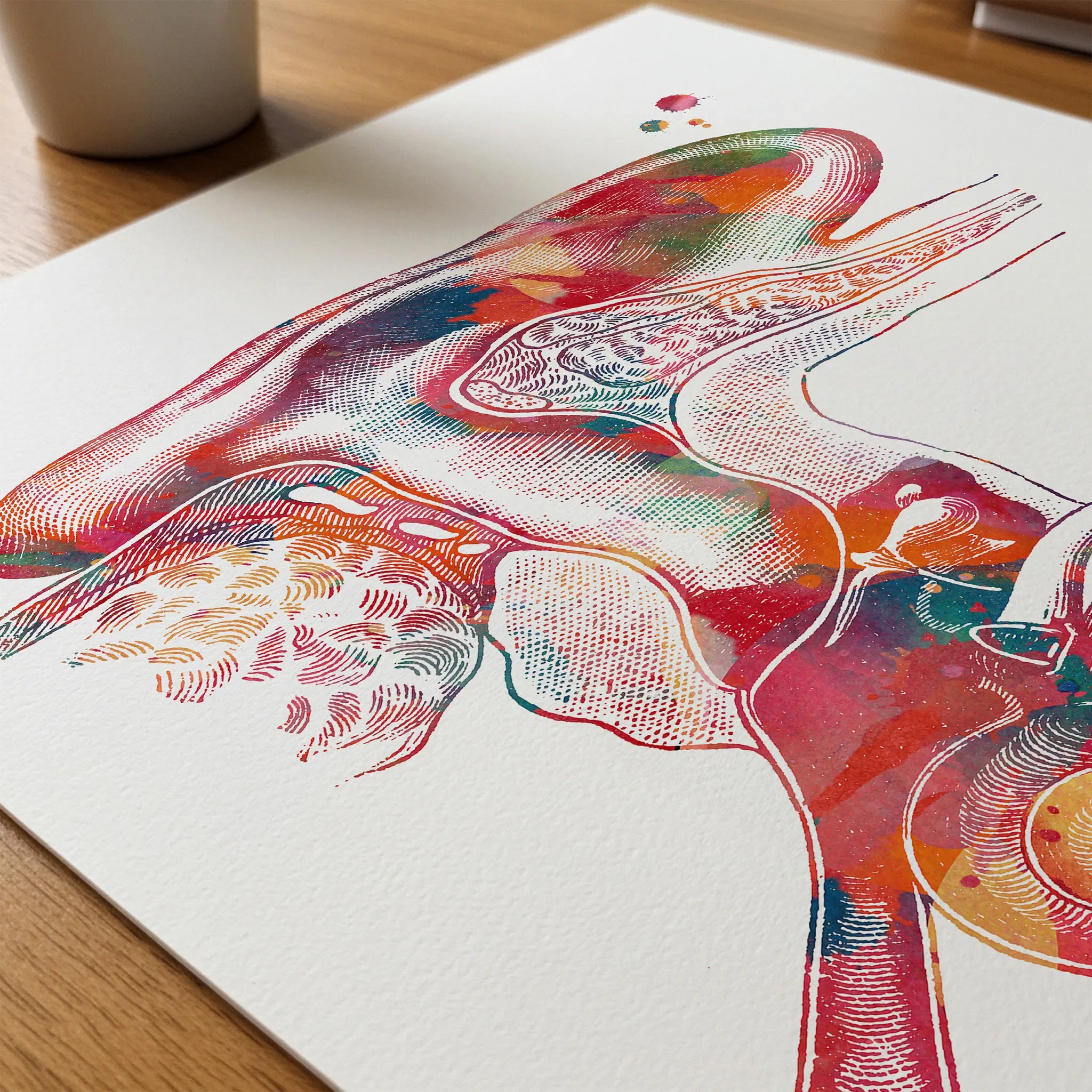Close-up of outer ear anatomy watercolor print showing paper texture and grain