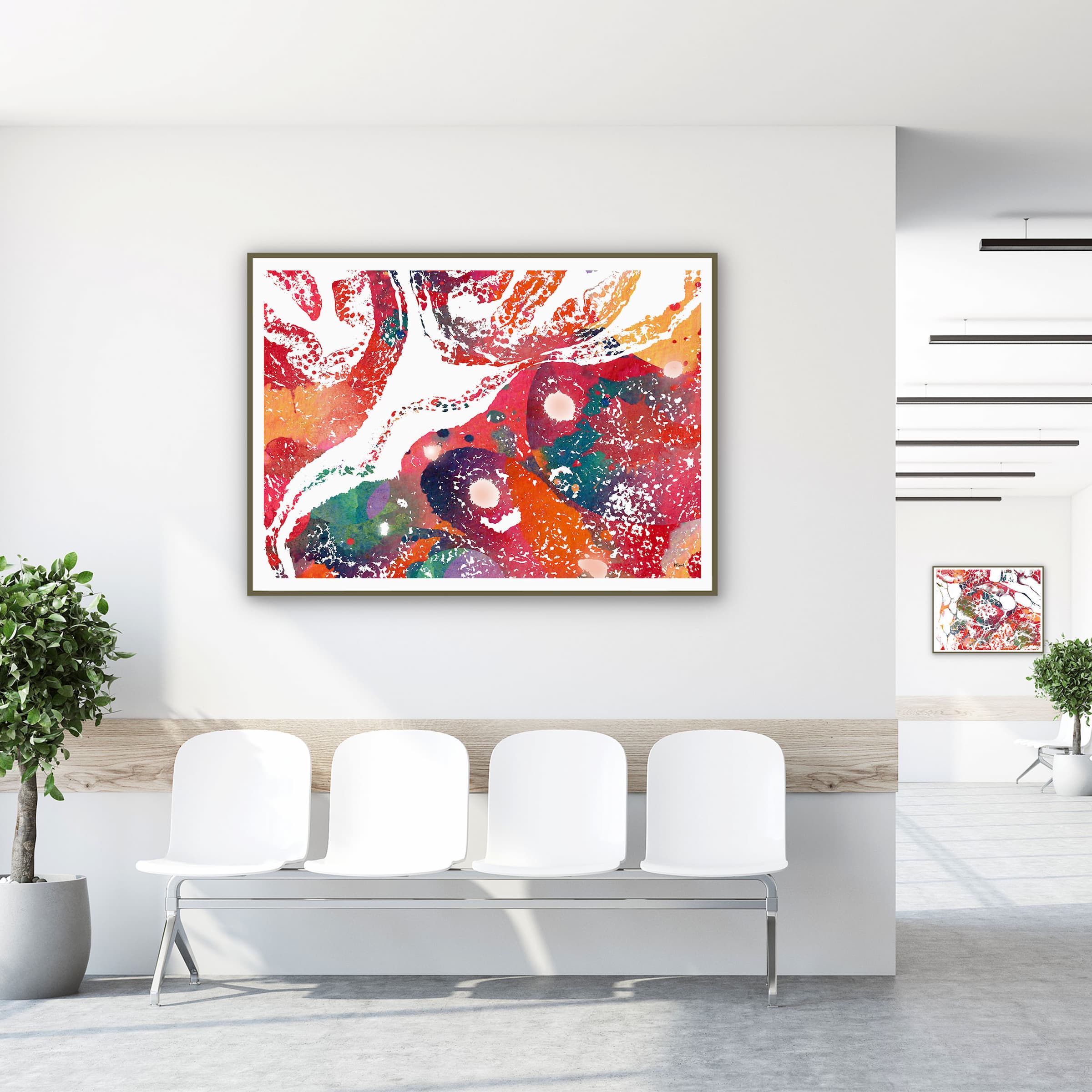 Framed ovarian follicles histology watercolor print in a clinic waiting room