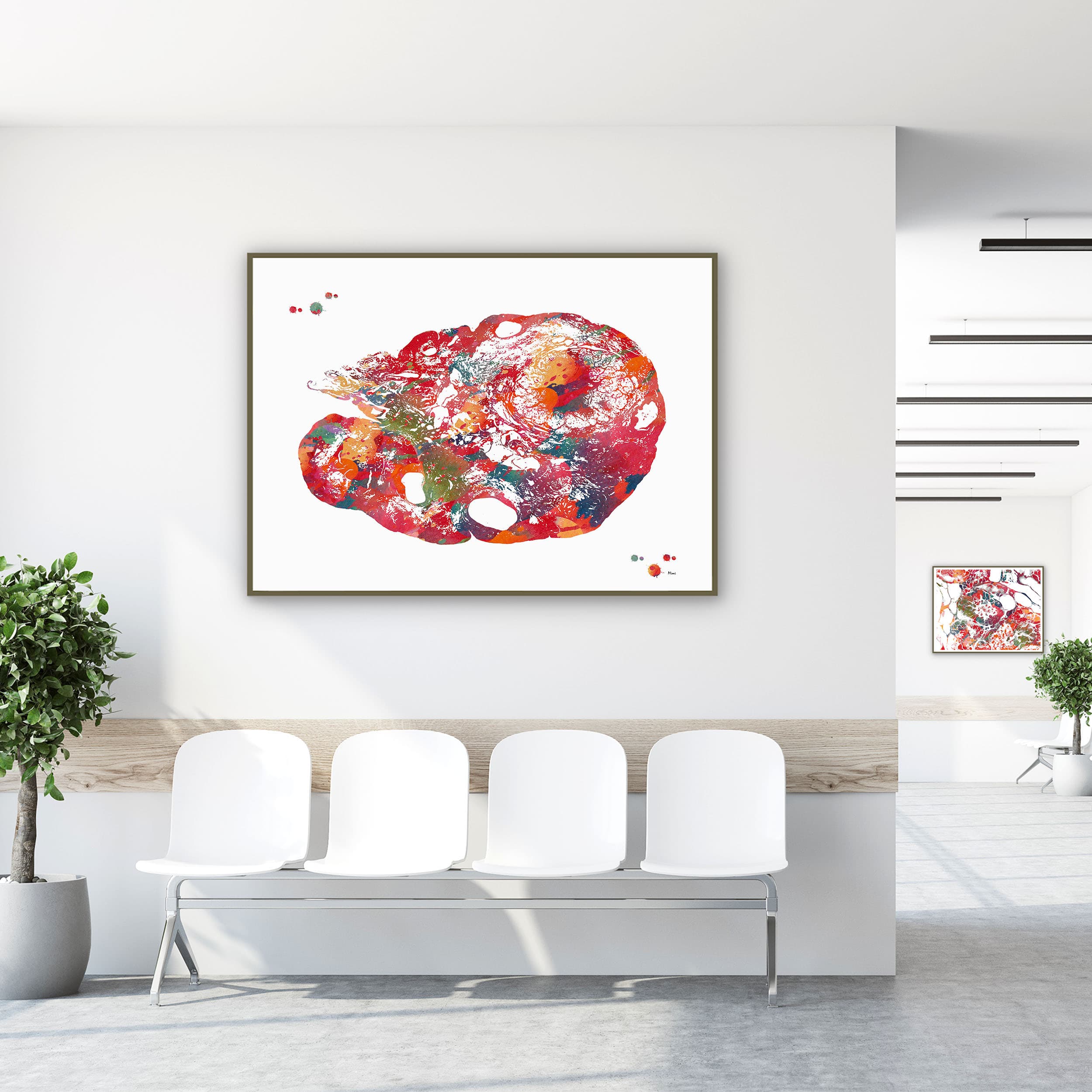 Framed ovary anatomy watercolor print in a clinic waiting room