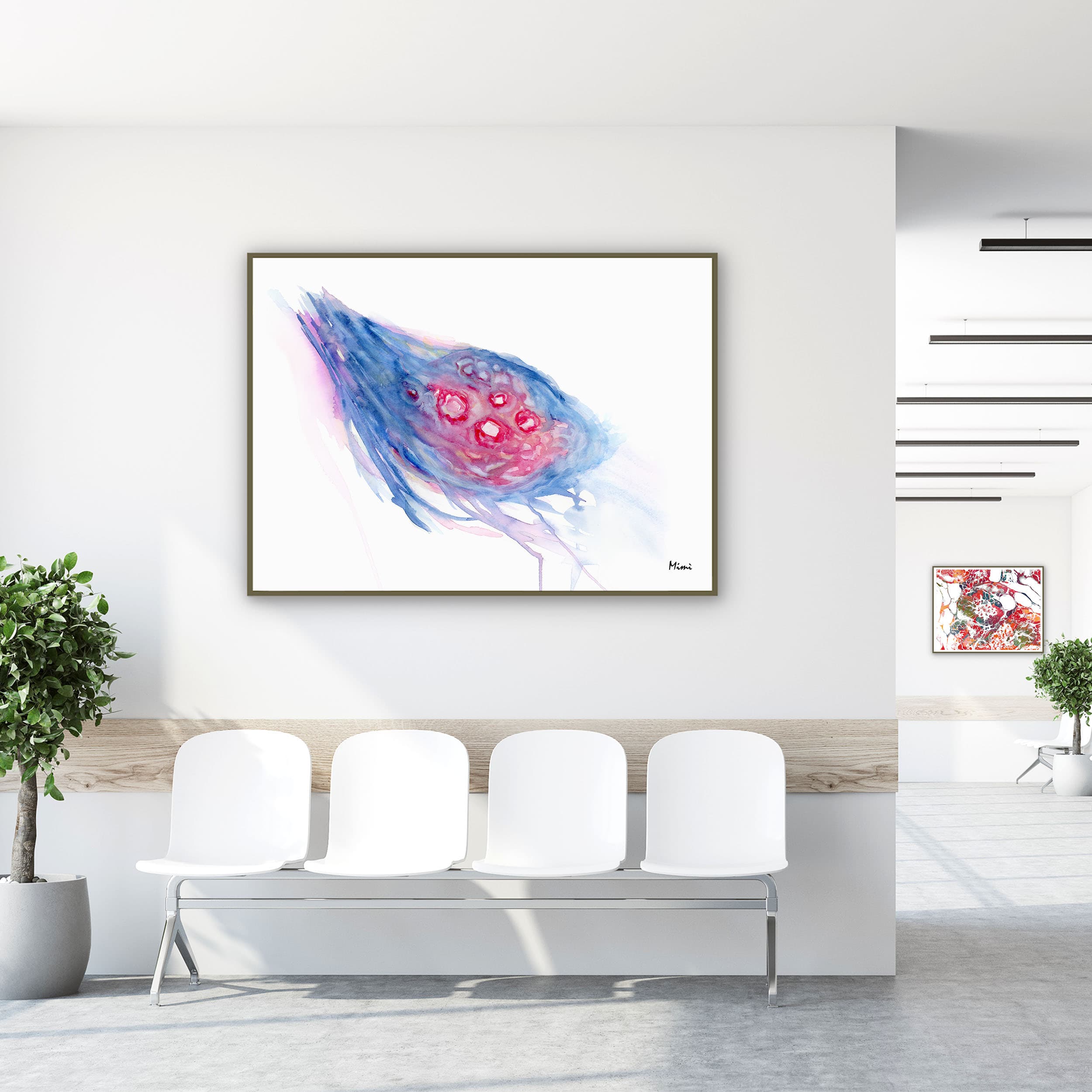 Framed ovary & fimbriae watercolor print in a clinic waiting room