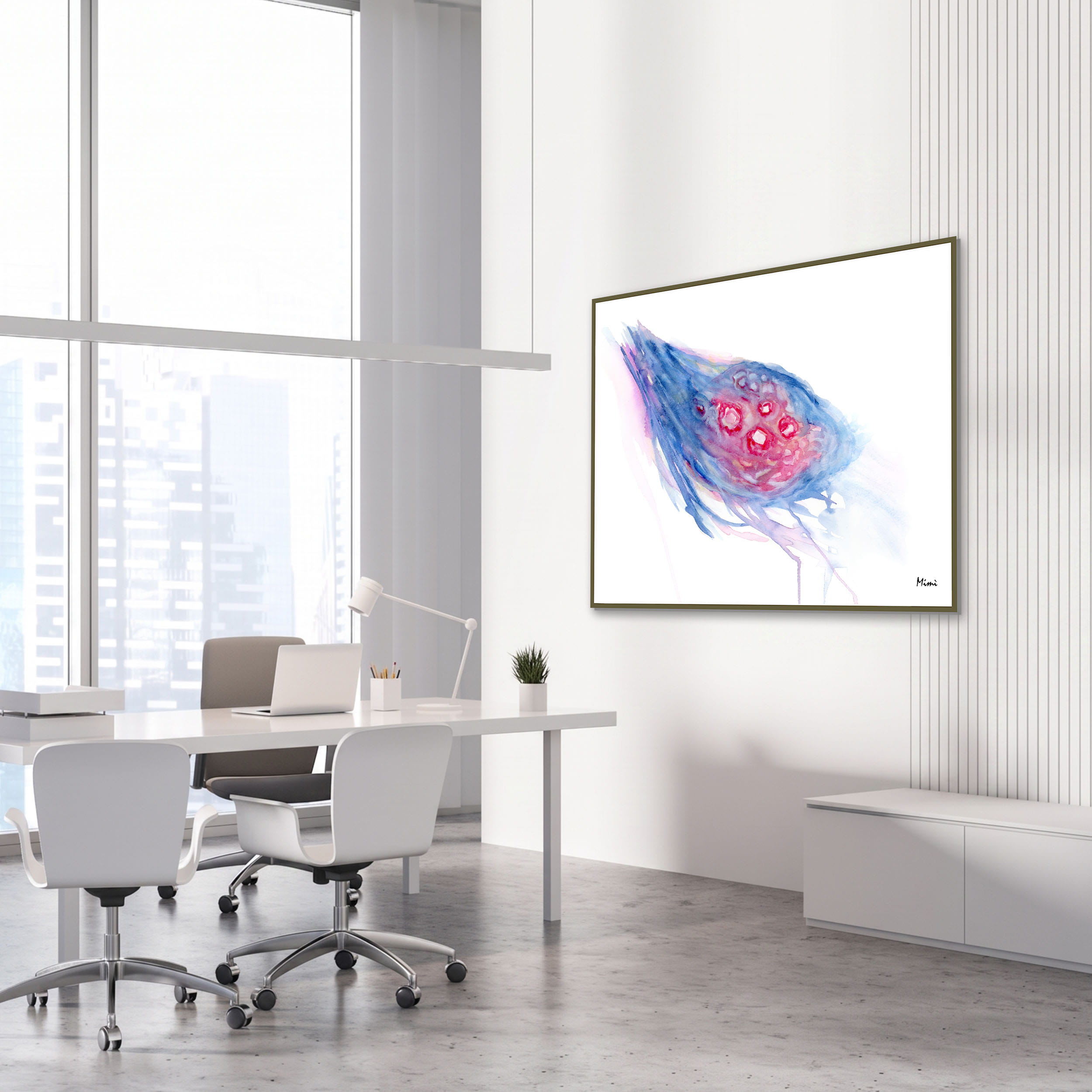 Framed ovary & fimbriae watercolor print in an OB-GYN clinic