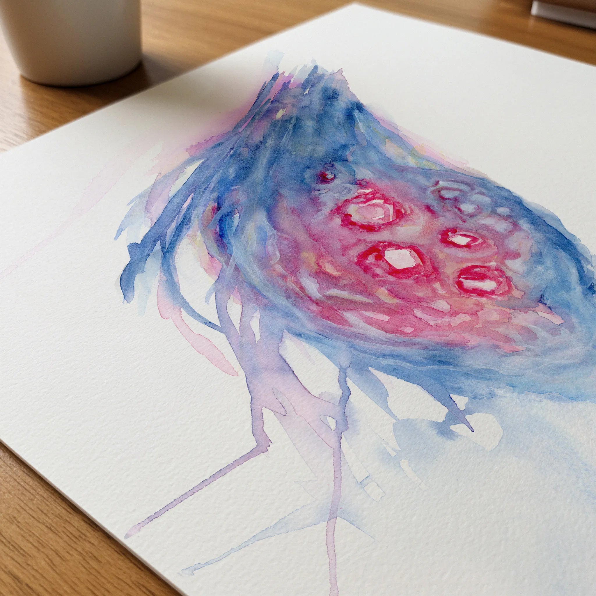 Close-up of ovary & fimbriae watercolor print showing paper texture and grain