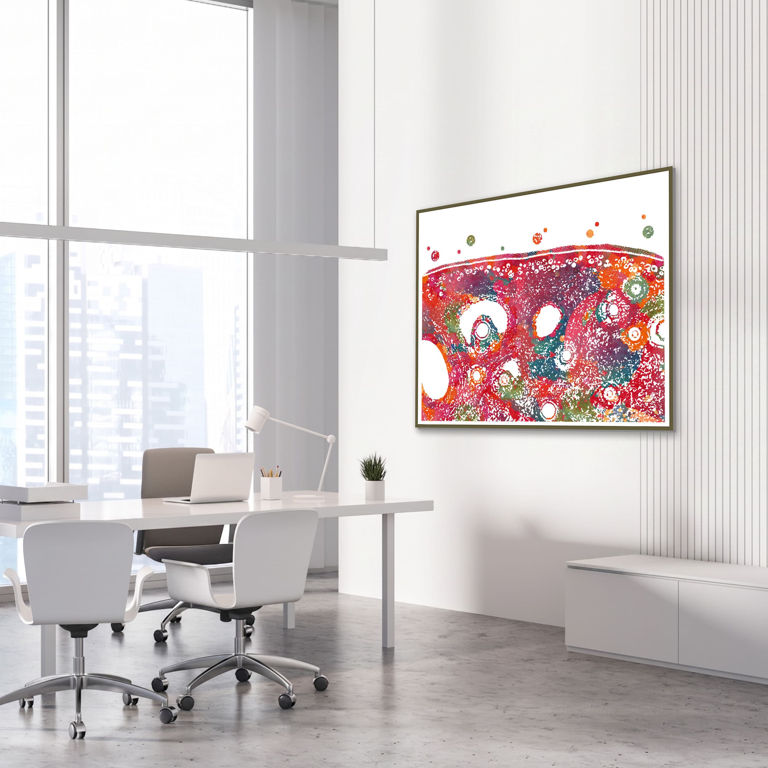 Framed ovary cross-section histology watercolor print in an OB-GYN clinic