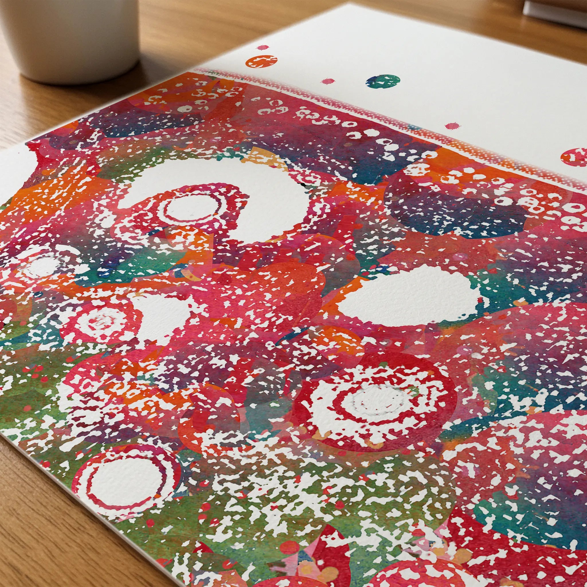 Close-up of ovary cross-section histology watercolor print showing paper texture and grain
