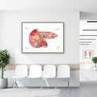 Framed pancreas anatomy watercolor print in a clinic waiting room