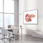 Framed pancreas anatomy watercolor print in an endocrinology clinic