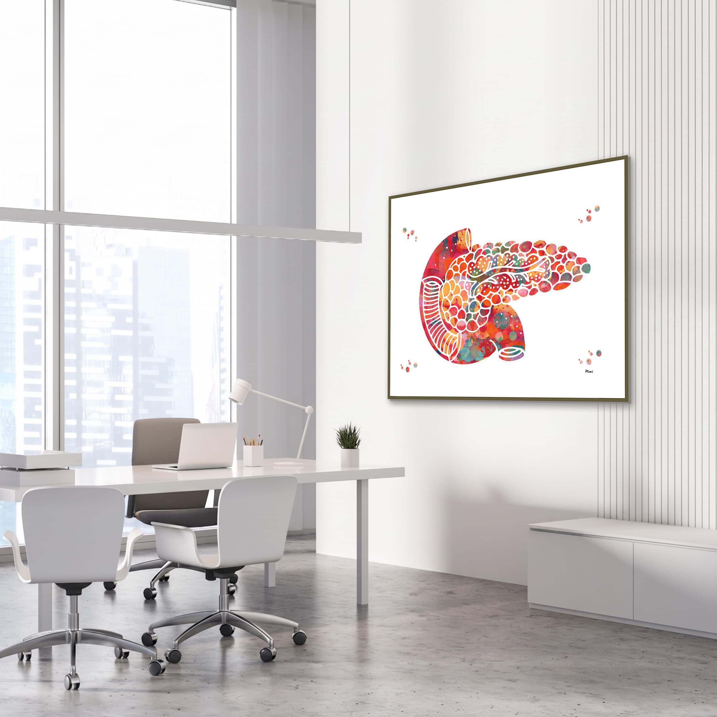 Framed pancreas anatomy watercolor print in an endocrinology clinic