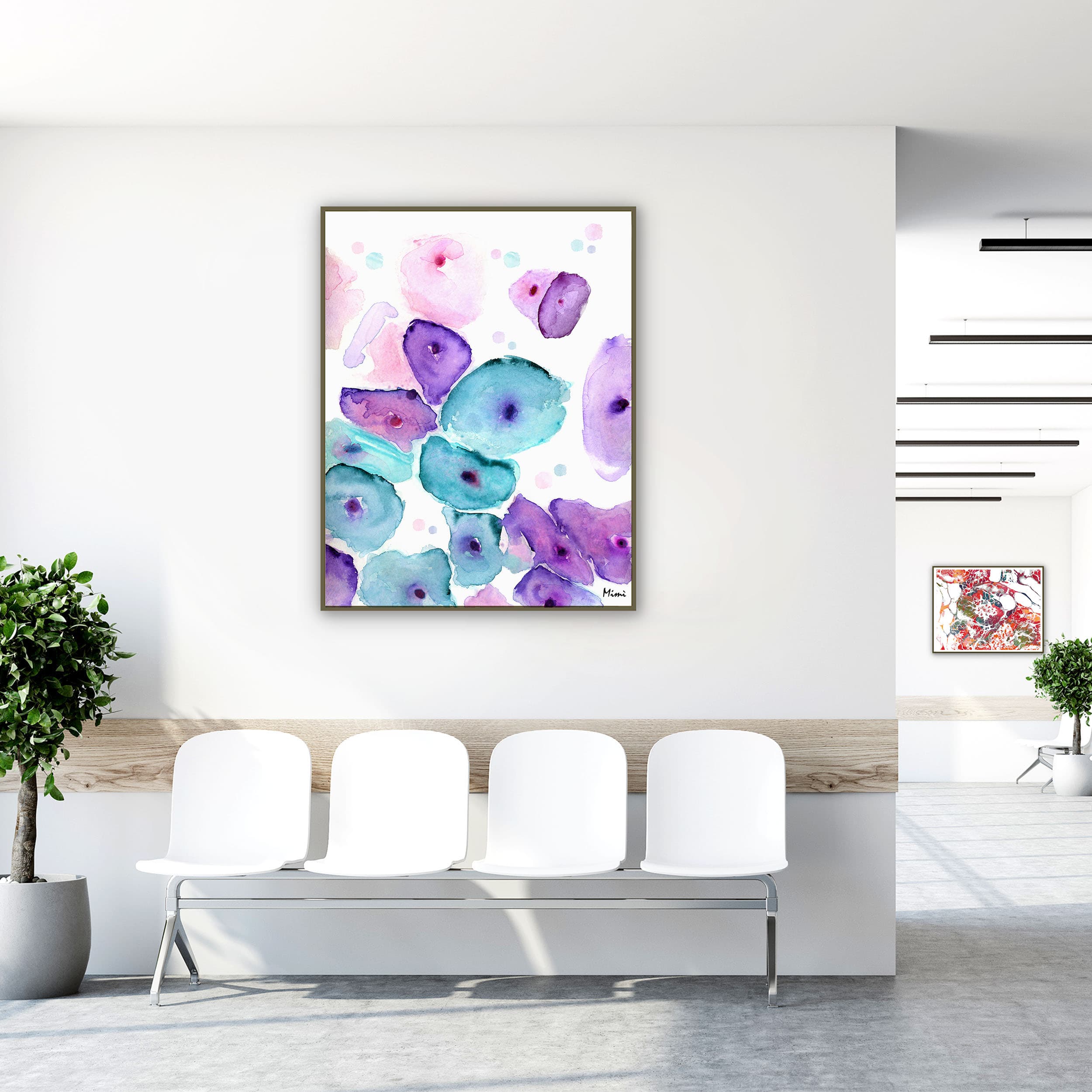 Framed pap smear test watercolor print in a clinic waiting room