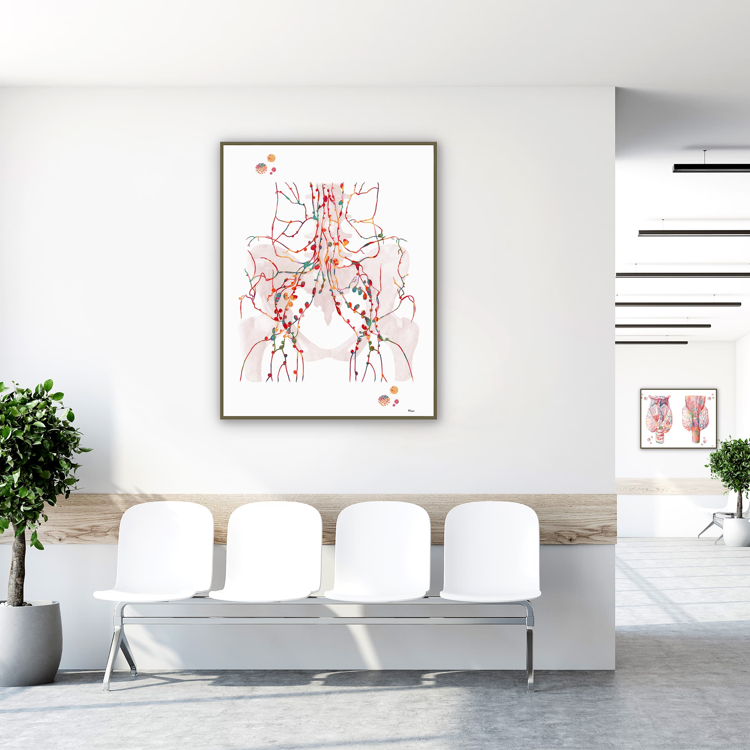 Framed pelvic lymph nodes watercolor print in a clinic waiting room
