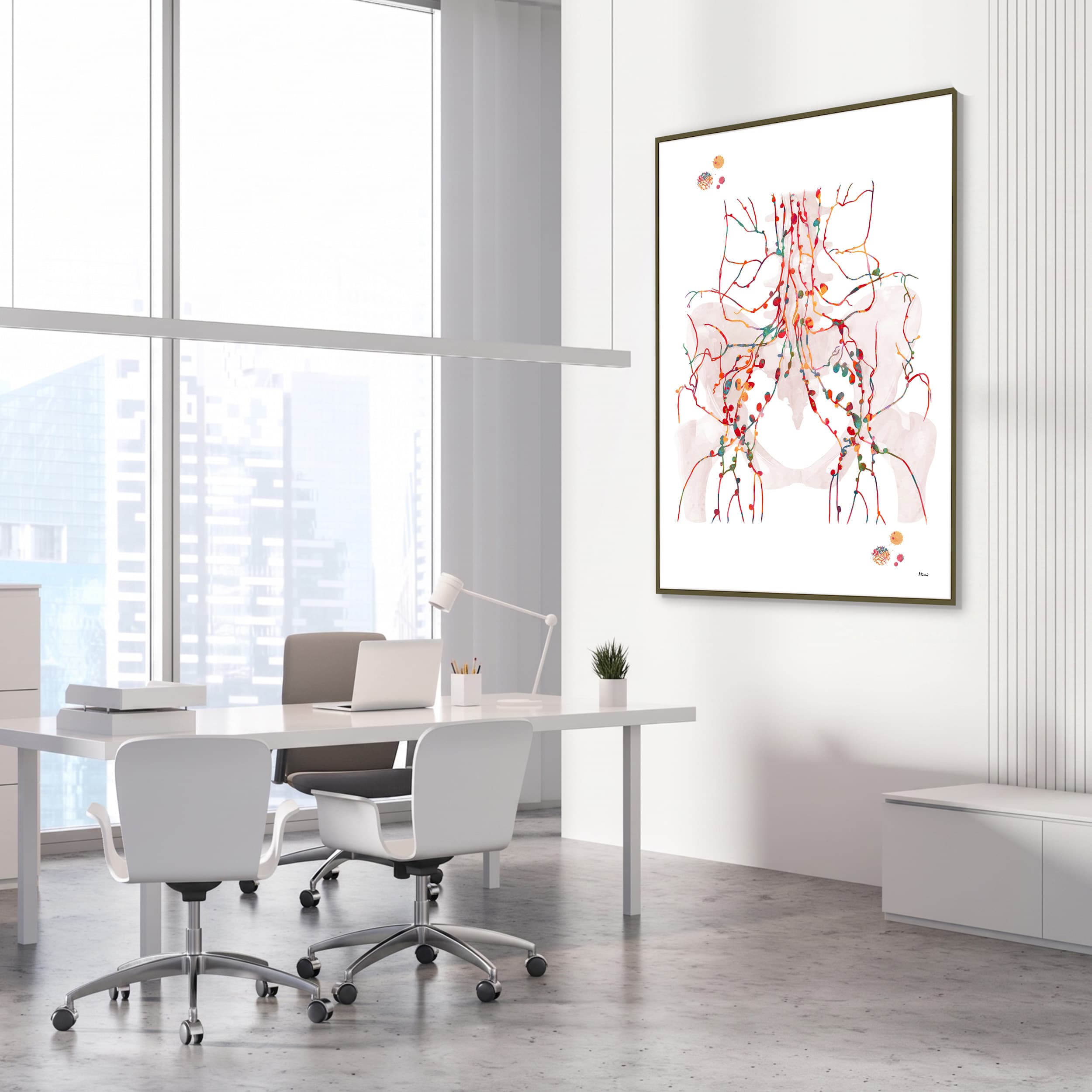 Framed pelvic lymph nodes watercolor print in an endocrinology clinic