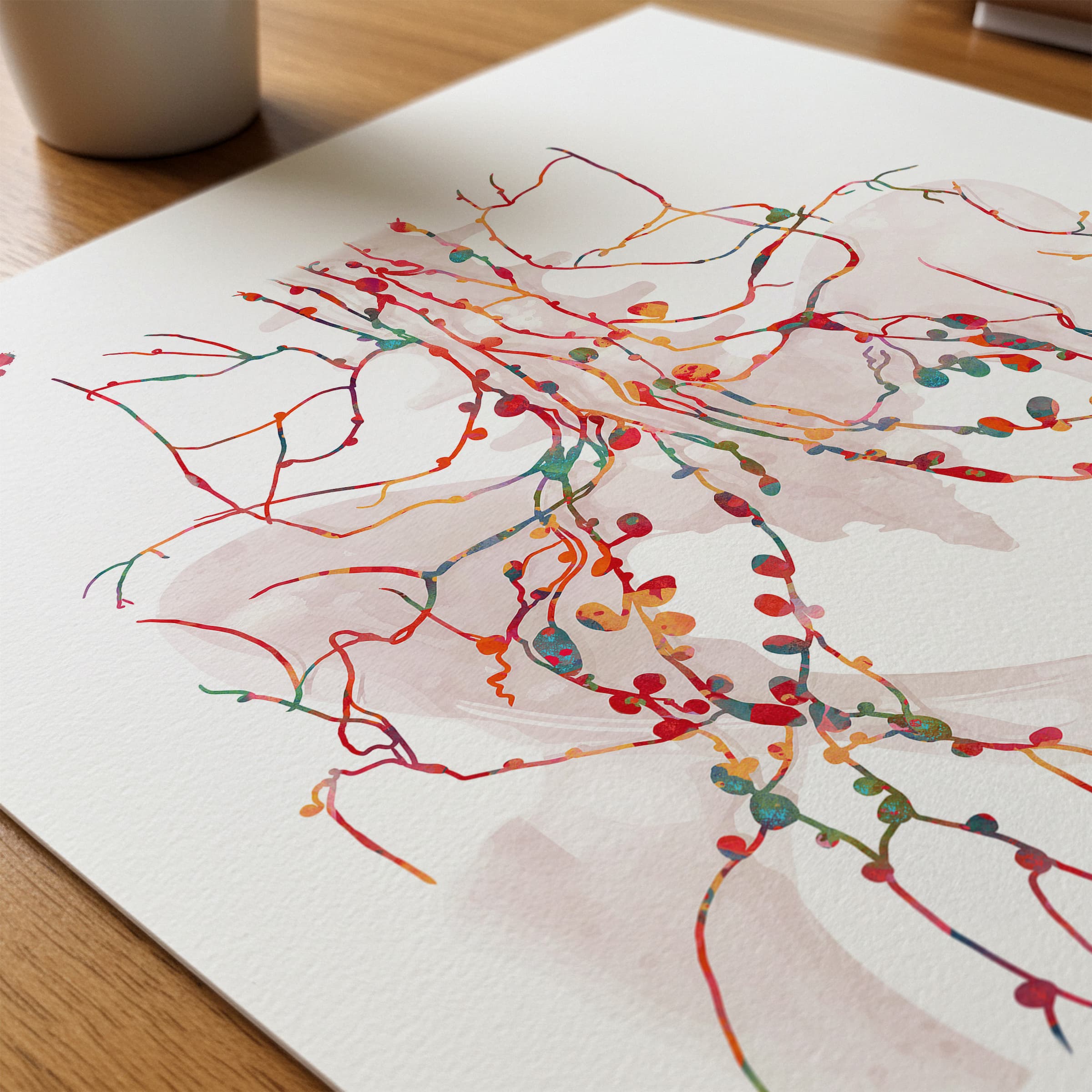 Close-up of pelvic lymph nodes watercolor print showing paper texture and grain