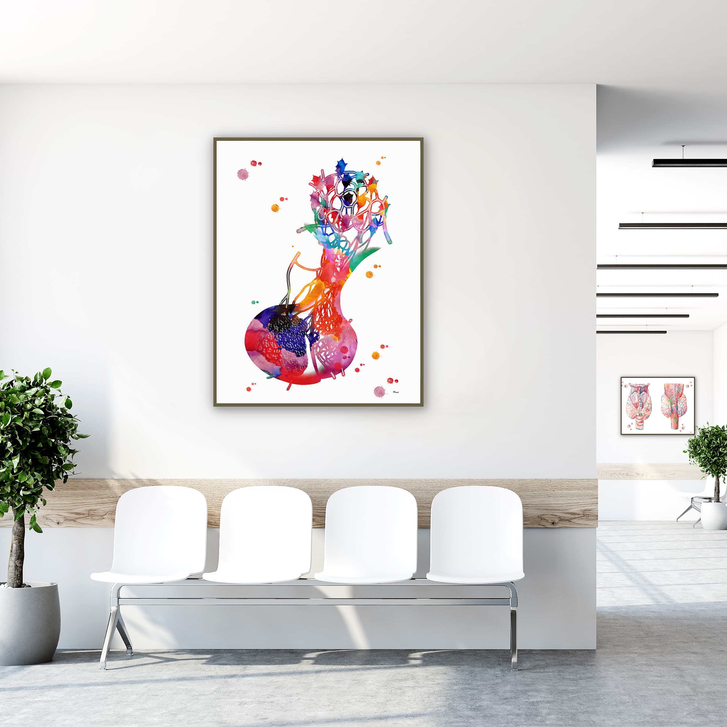 Framed pituitary gland watercolor print in a clinic waiting room
