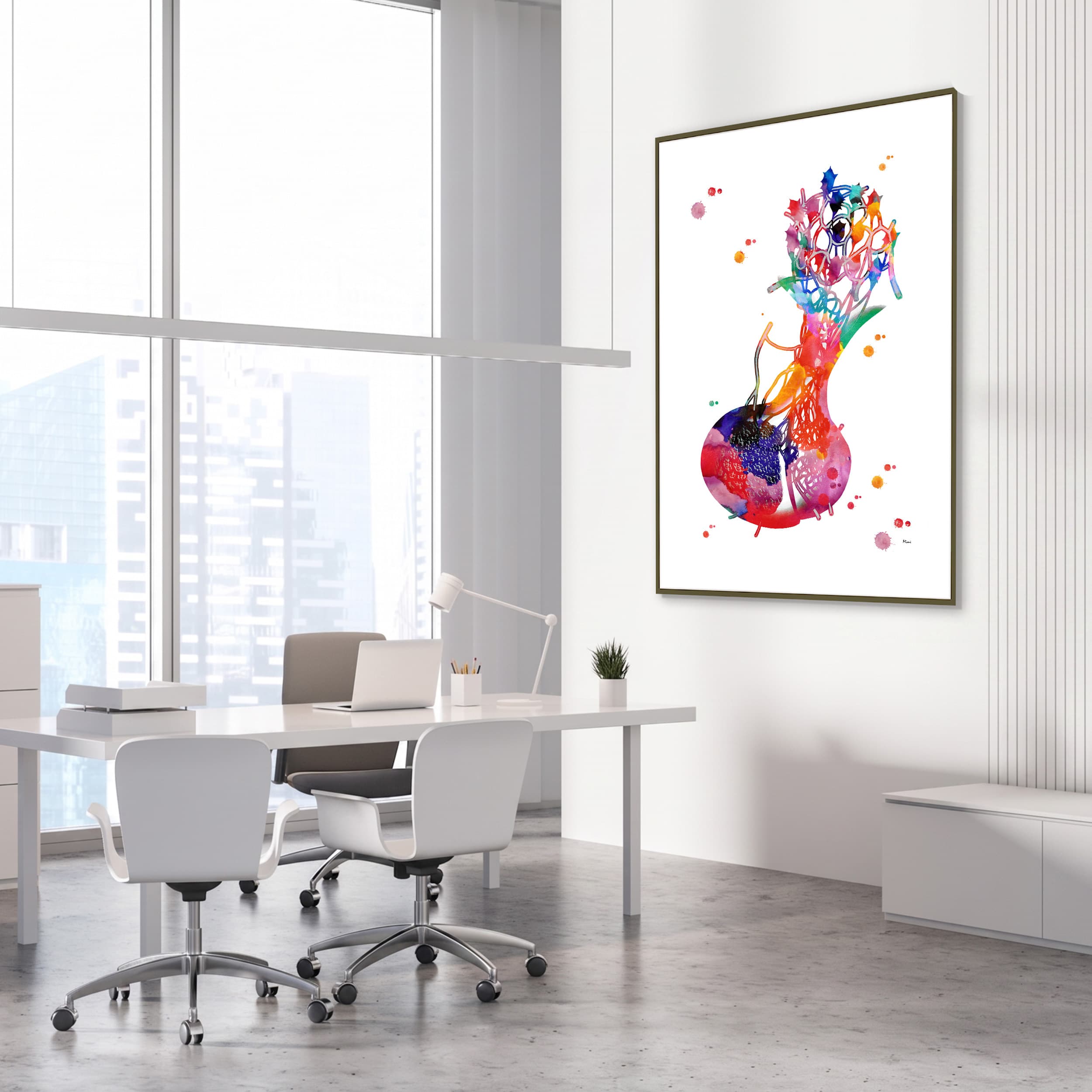 Framed pituitary gland watercolor print in an endocrinology clinic