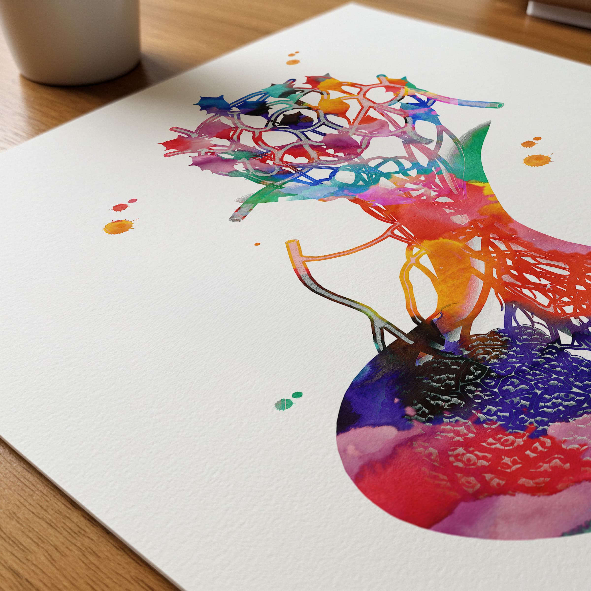 Close-up of pituitary gland watercolor print showing paper texture and grain