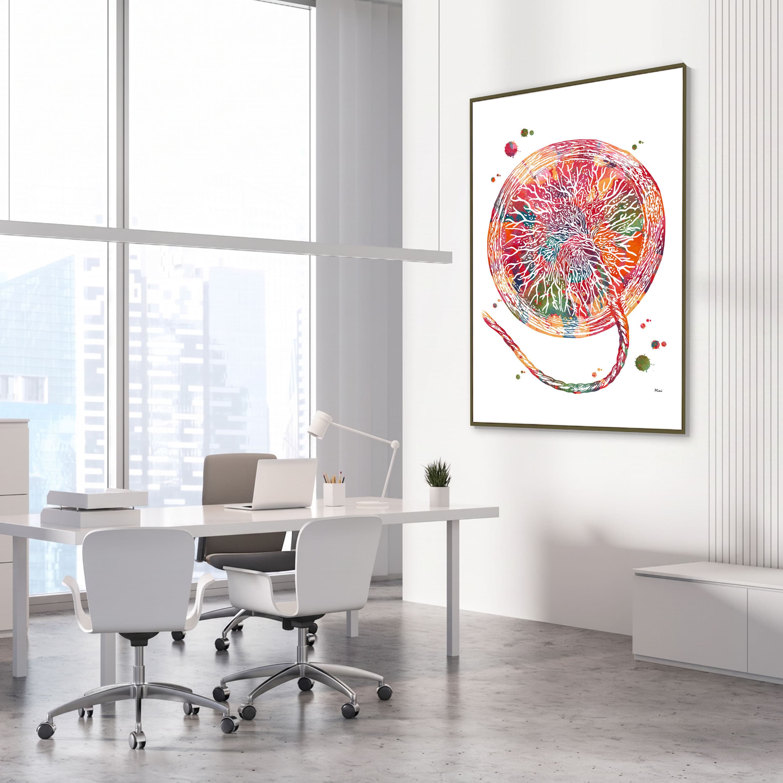 Framed placenta anatomy watercolor print in an OB-GYN clinic